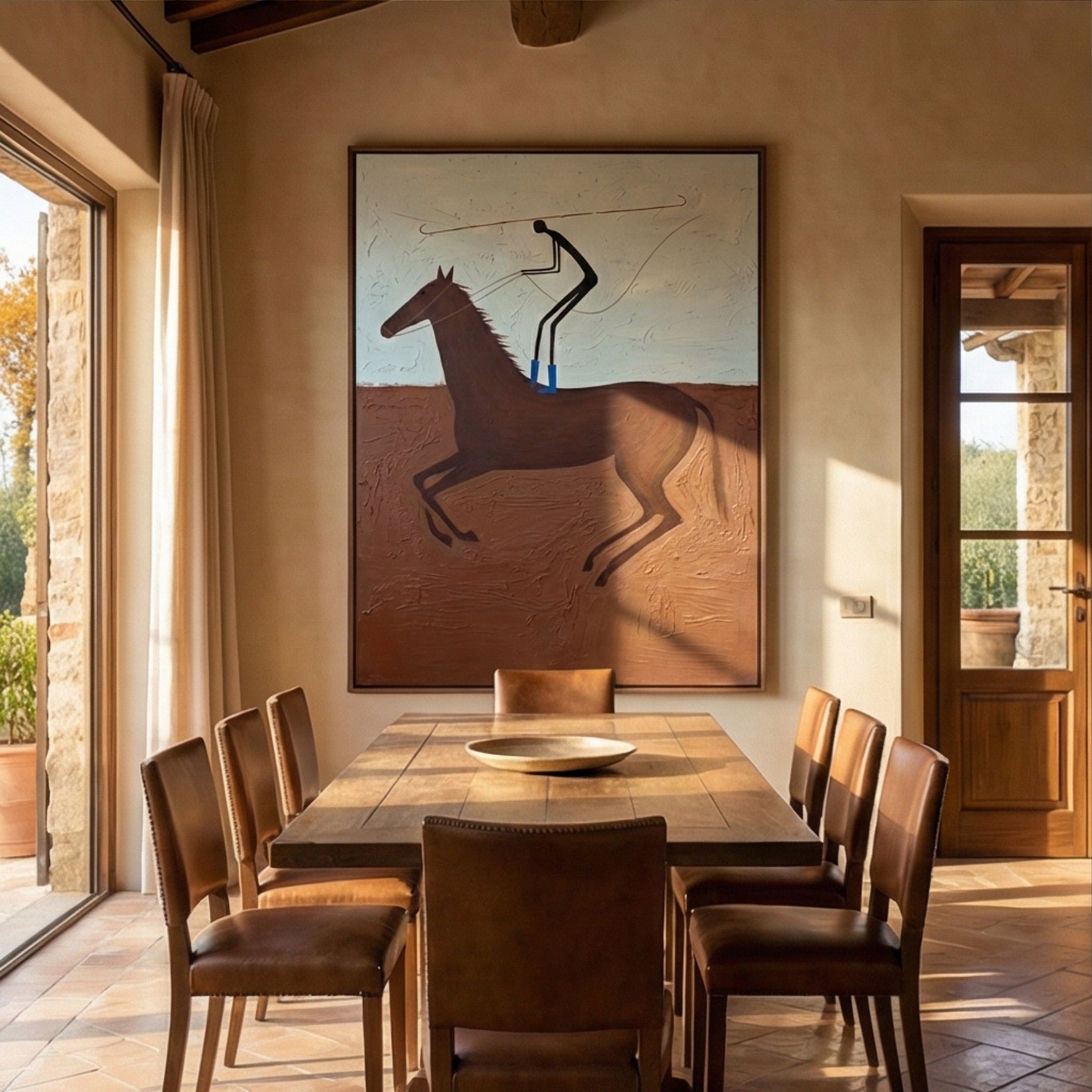 "The Lasso Rider" – Modern Heavy Impasto Western Art | 3D Terracotta & Sky Blue Palette Knife Painting | Luxury Vertical Wall Art #AB 009