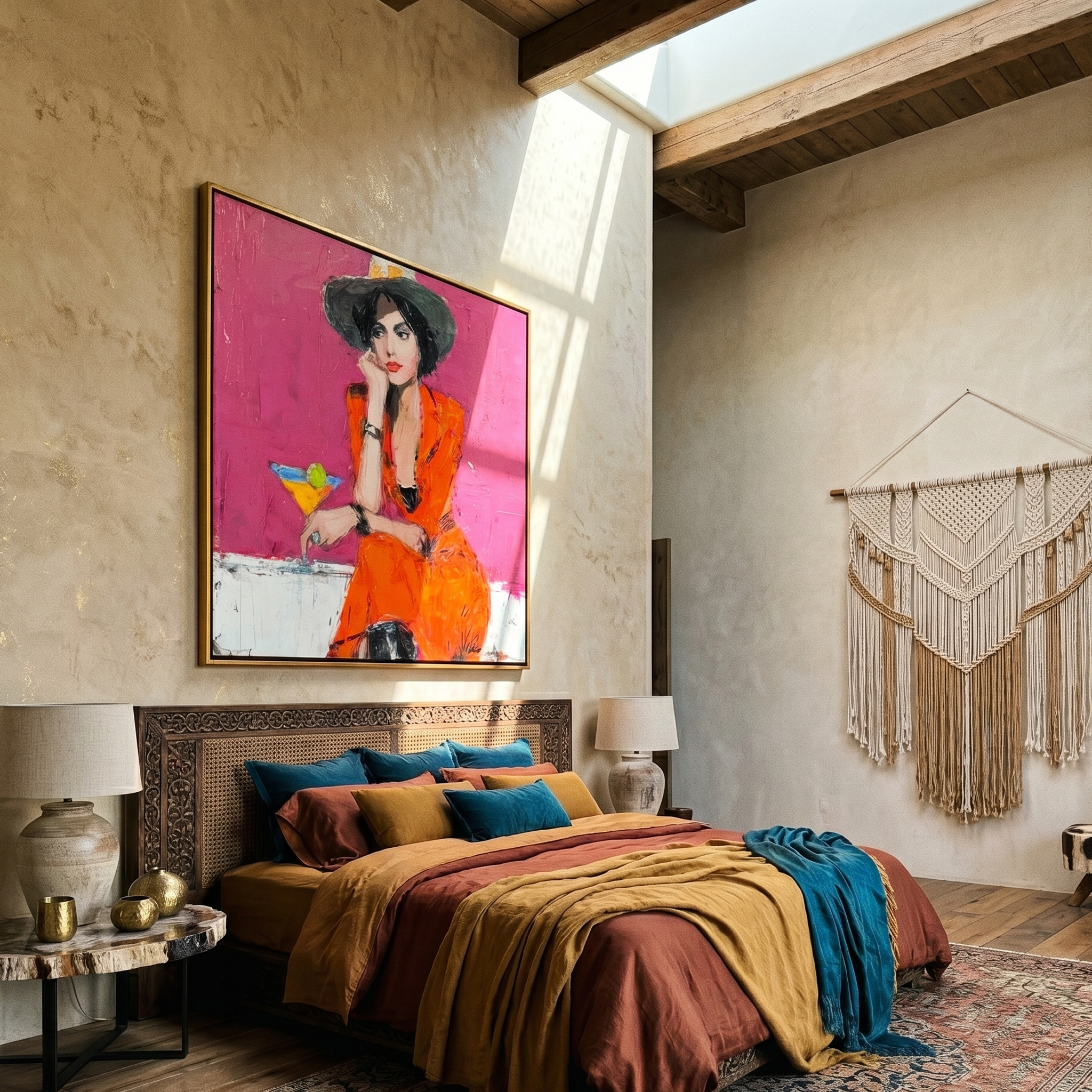 "Stylish Woman with Martini" – Tactile Fashion Impressionist Art | Bold Orange & Pink Impasto Wall Decor | Contemporary Square Statement Piece#PE 003