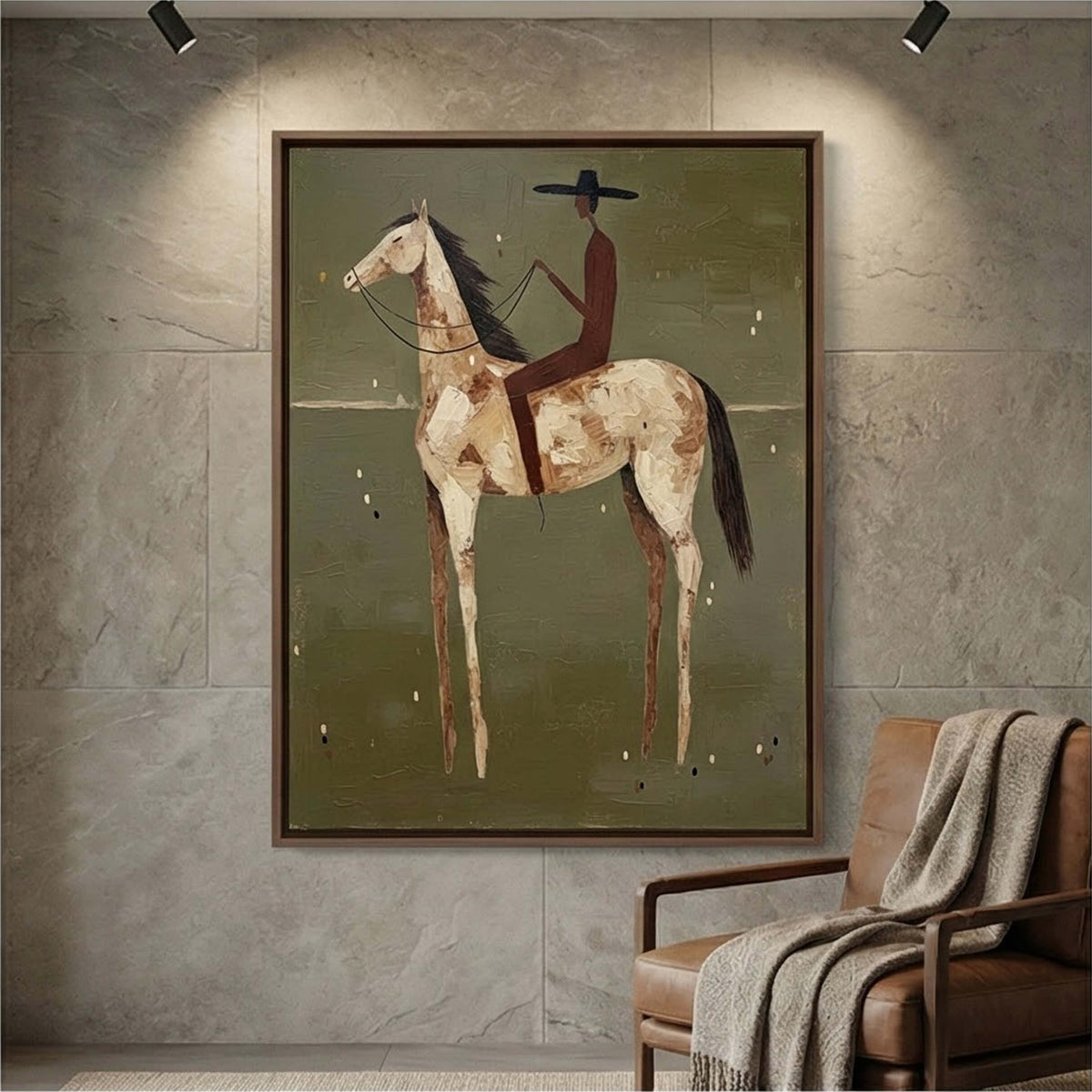 "Olive Solitude" - Modern Heavy Impasto Western Animal Artwork | Golden Palette Knife Painting | Luxury Vertical Wall Art #YK 1593