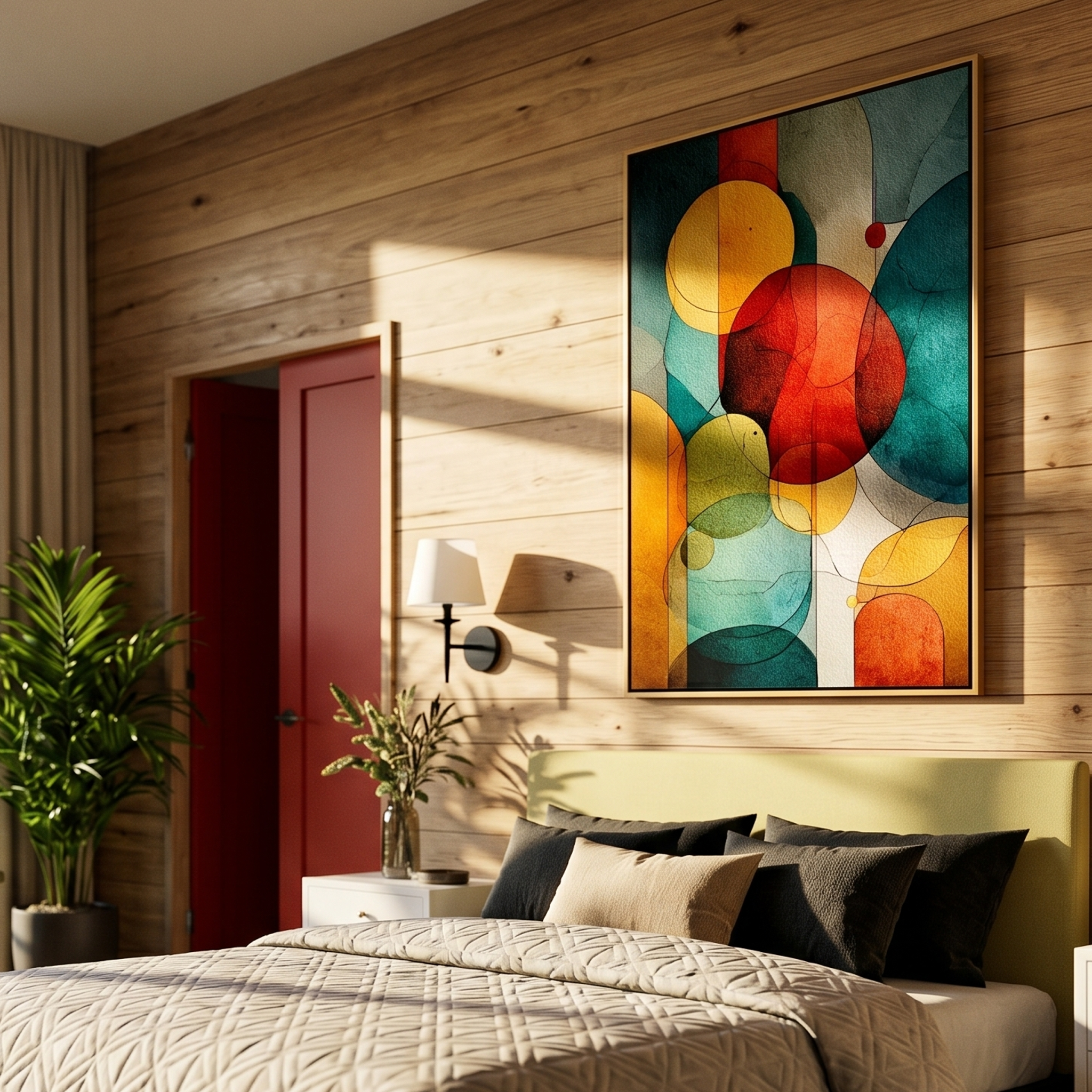 "Vintage Abstract Shapes" – Textured Mid-Century Modern Art | Earthy Teal, Red & Gold Impasto Painting | Contemporary Vertical Wall Decor#PT 003