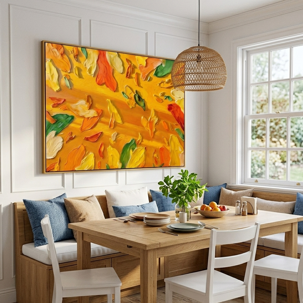 "Golden Radiance" – Sun-Drenched Impasto Abstract Floral | Vibrant Dining Area Statement Art
