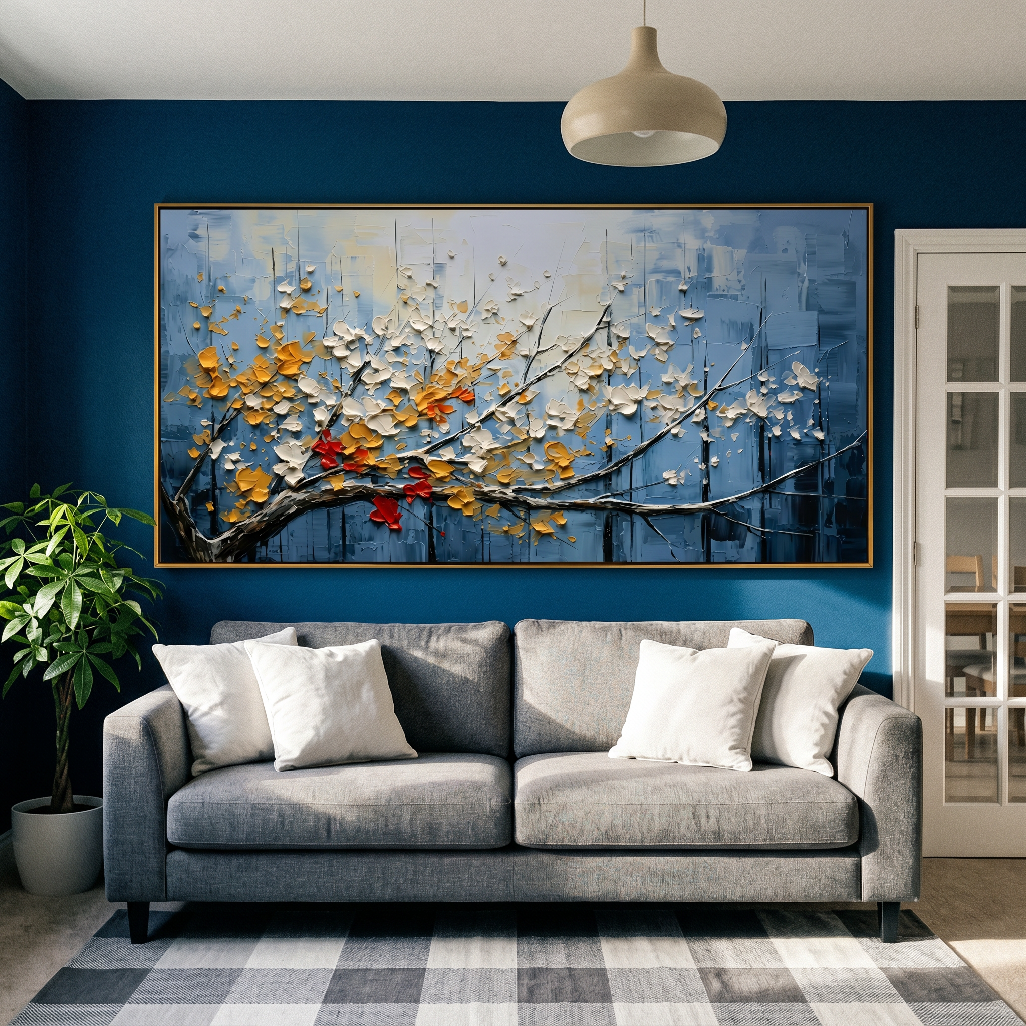 "Golden Breath" – Impressionist Textured Blossom Branch | Serene Over-Sofa Statement Art