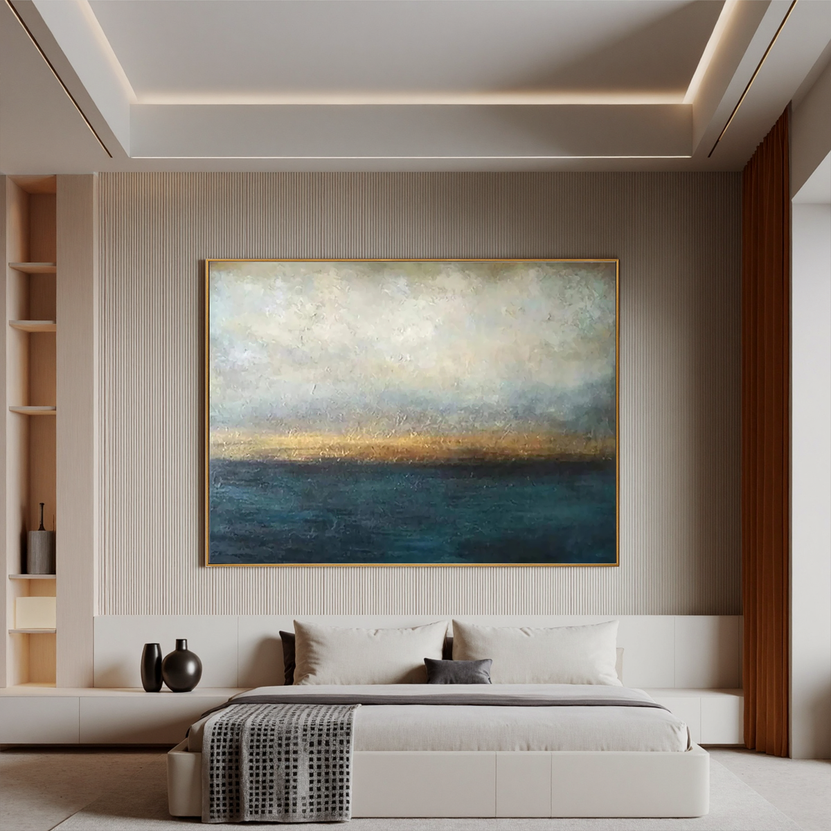 "Ember Tide" - Atmospheric Impasto Seascape | Deep Teal & Amber Moody Coastal Statement Art