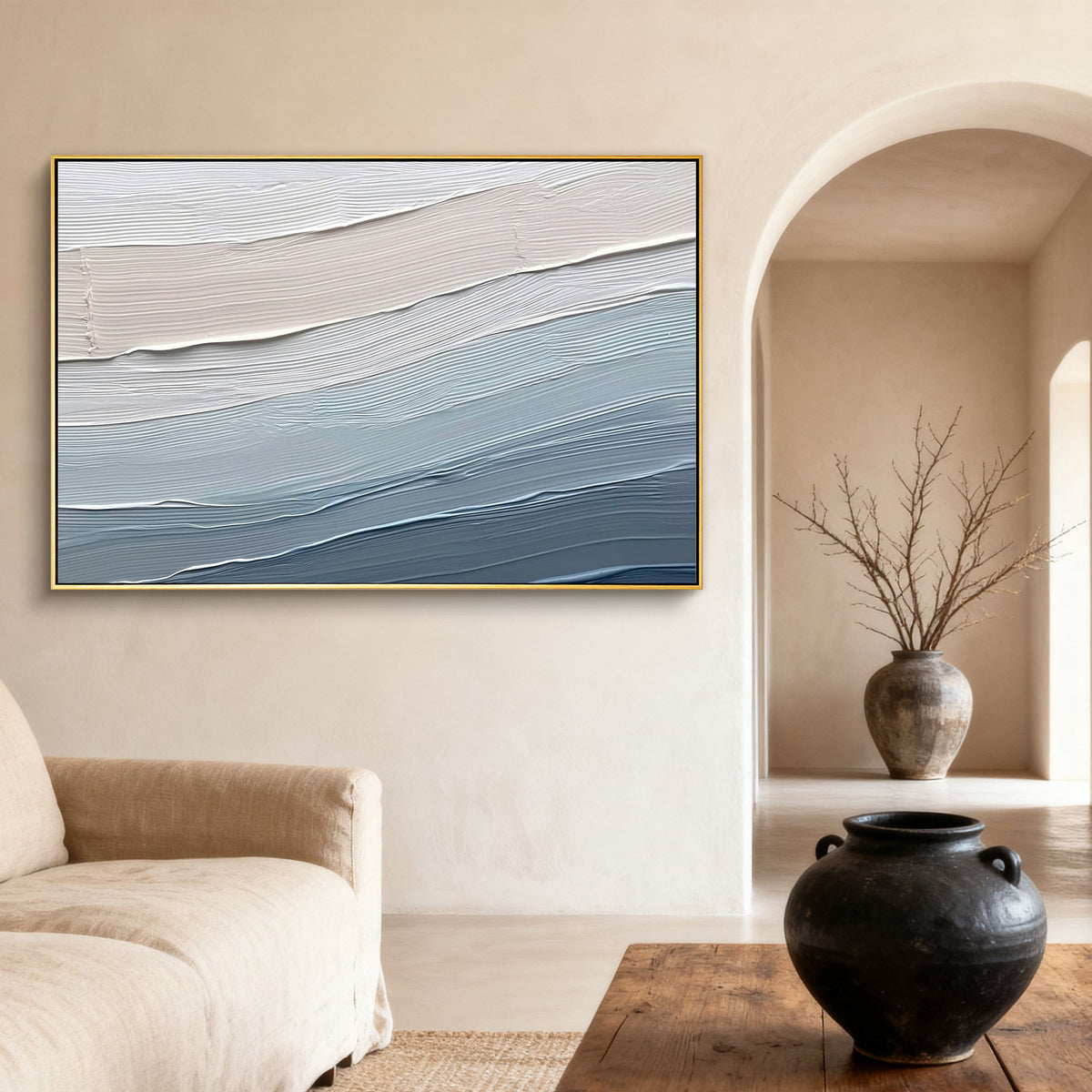 "Warm Lattice" - 3D Heavy Impasto Plaster Relief | Blue & Beige Plaster Texture Statement Art