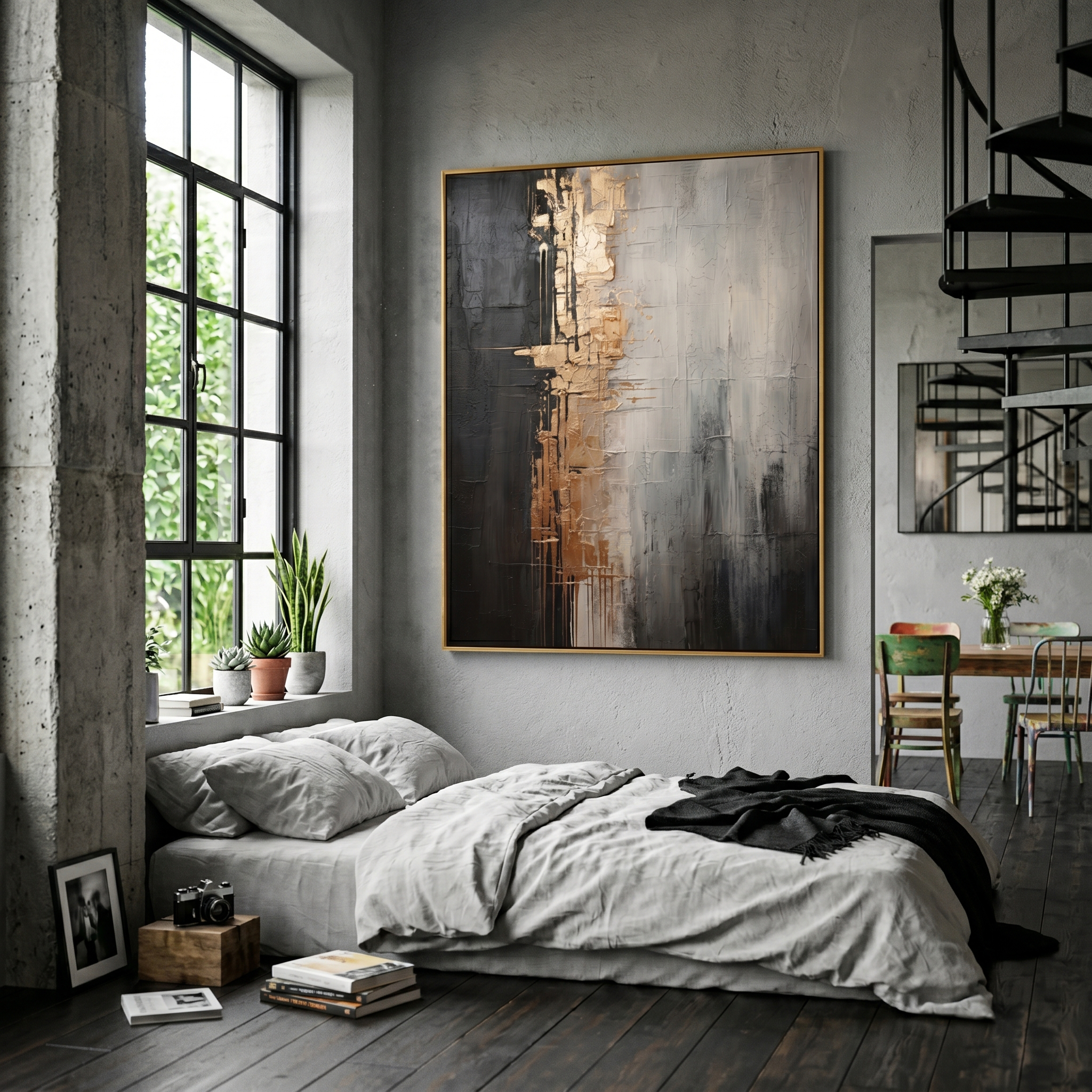 "Gilded Fissure" – Industrial Gold & Charcoal Abstract Oil Painting | Sophisticated Executive Office Art