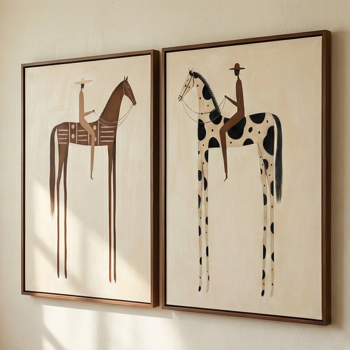"Paired Reveries" - Modern Heavy Impasto Western Animal Artwork | Golden Palette Knife Painting | Luxury Two-Panel Vertical Wall Art #YK 1606