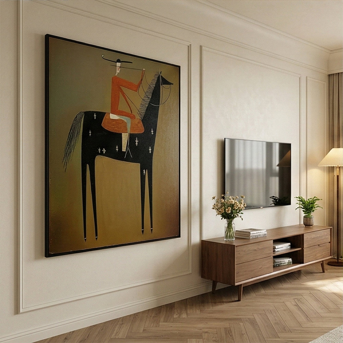 "Equestrian Reverie" - Modern Heavy Impasto Western Animal Artwork | Black & Golden Palette Knife Painting | Luxury Vertical Wall Art #YK 1590