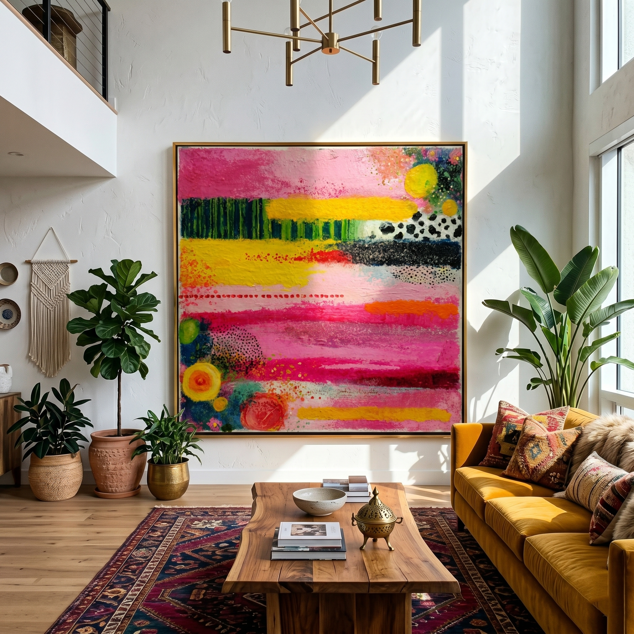 "Whimsical Color Layers" – Tactile Abstract Artwork | Bold Pink, Yellow & Black Impasto Wall Decor | Contemporary Square Statement Piece# PT 017