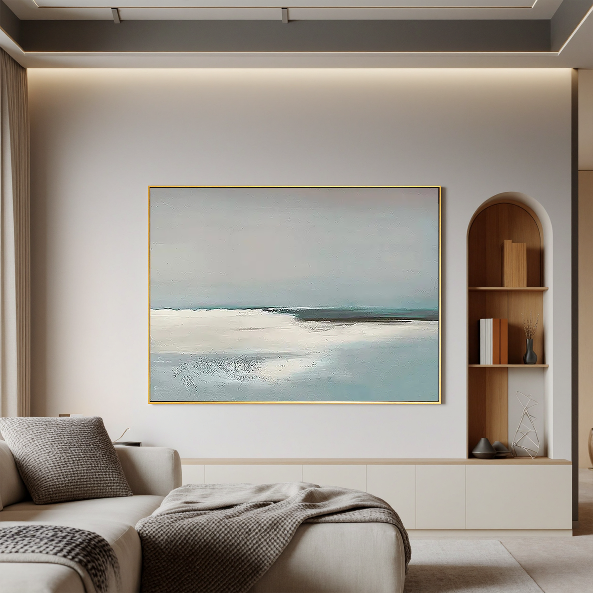 "Pale Horizon" - Minimalist Impasto Abstract Seascape | Soft Teal & Grey Statement Art