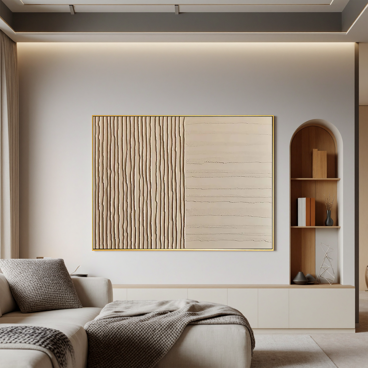 "Duality" - 3D Minimalist Dual-Texture Plaster Relief | Warm Beige Wabi-Sabi Statement Art