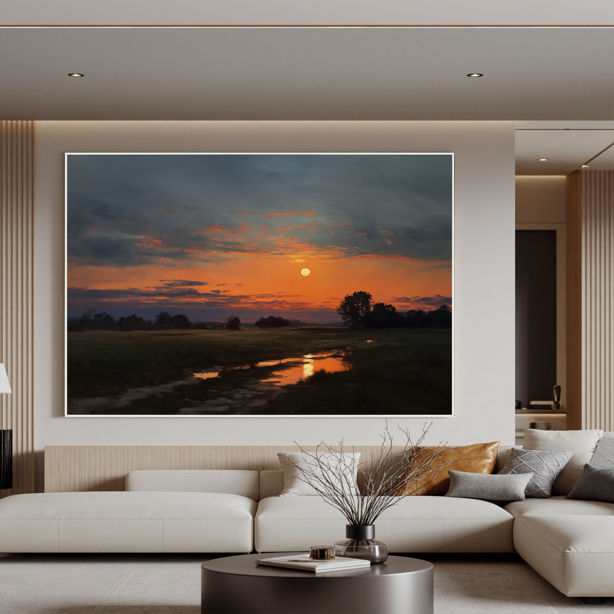 "Harvest Moon Rising" - Impressionist Sunset Landscape | Dramatic Orange & Midnight Statement Art