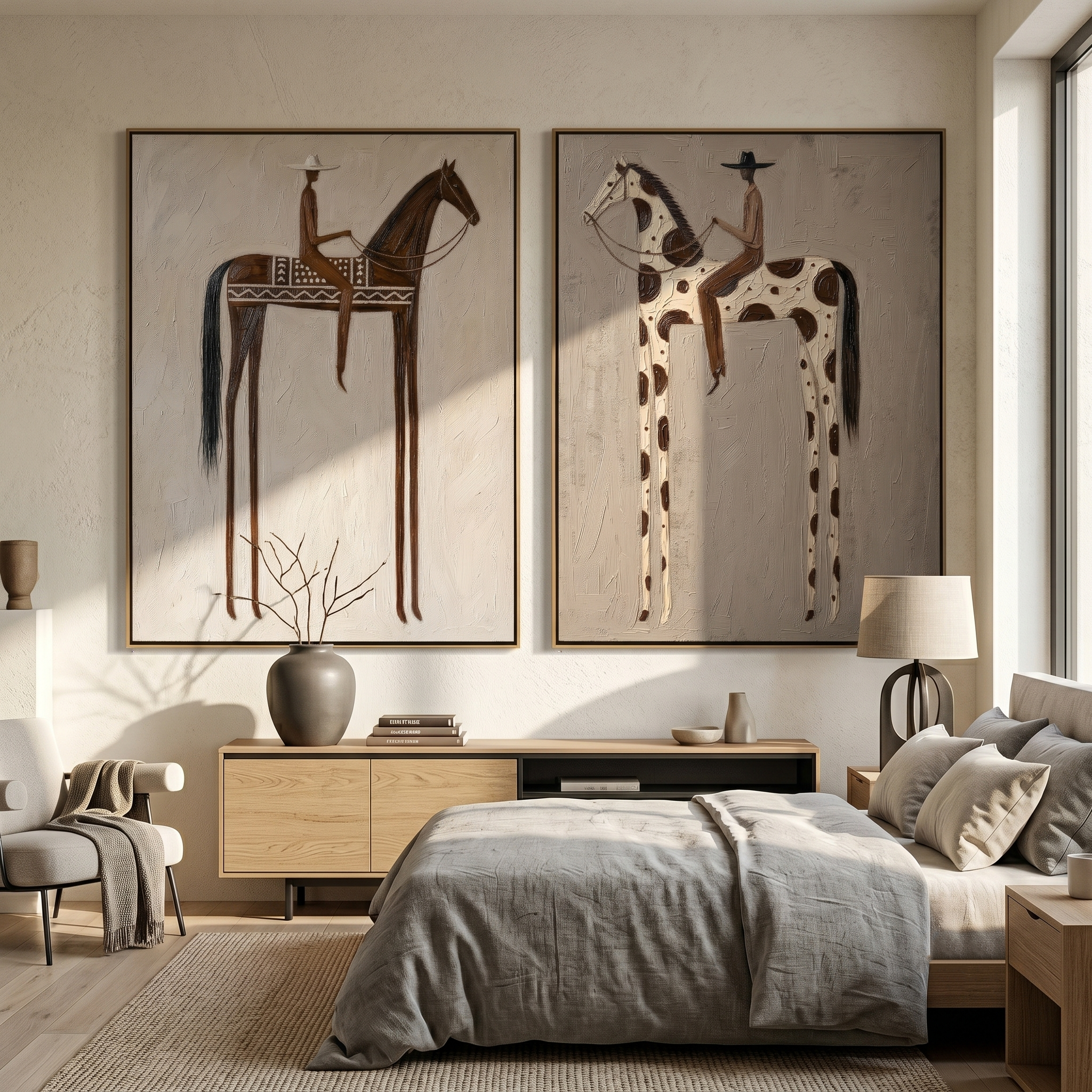 "Stillness on the Saddle" — 3D Textured Abstract Horse & Rider Wall Art Set | Neutral Western Framed Diptych#VA608