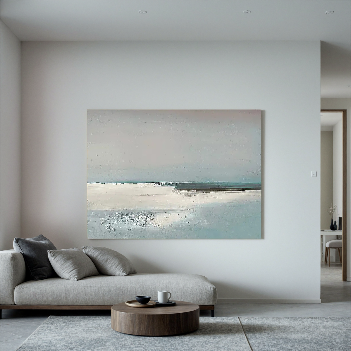 "Pale Horizon" - Minimalist Impasto Abstract Seascape | Soft Teal & Grey Statement Art