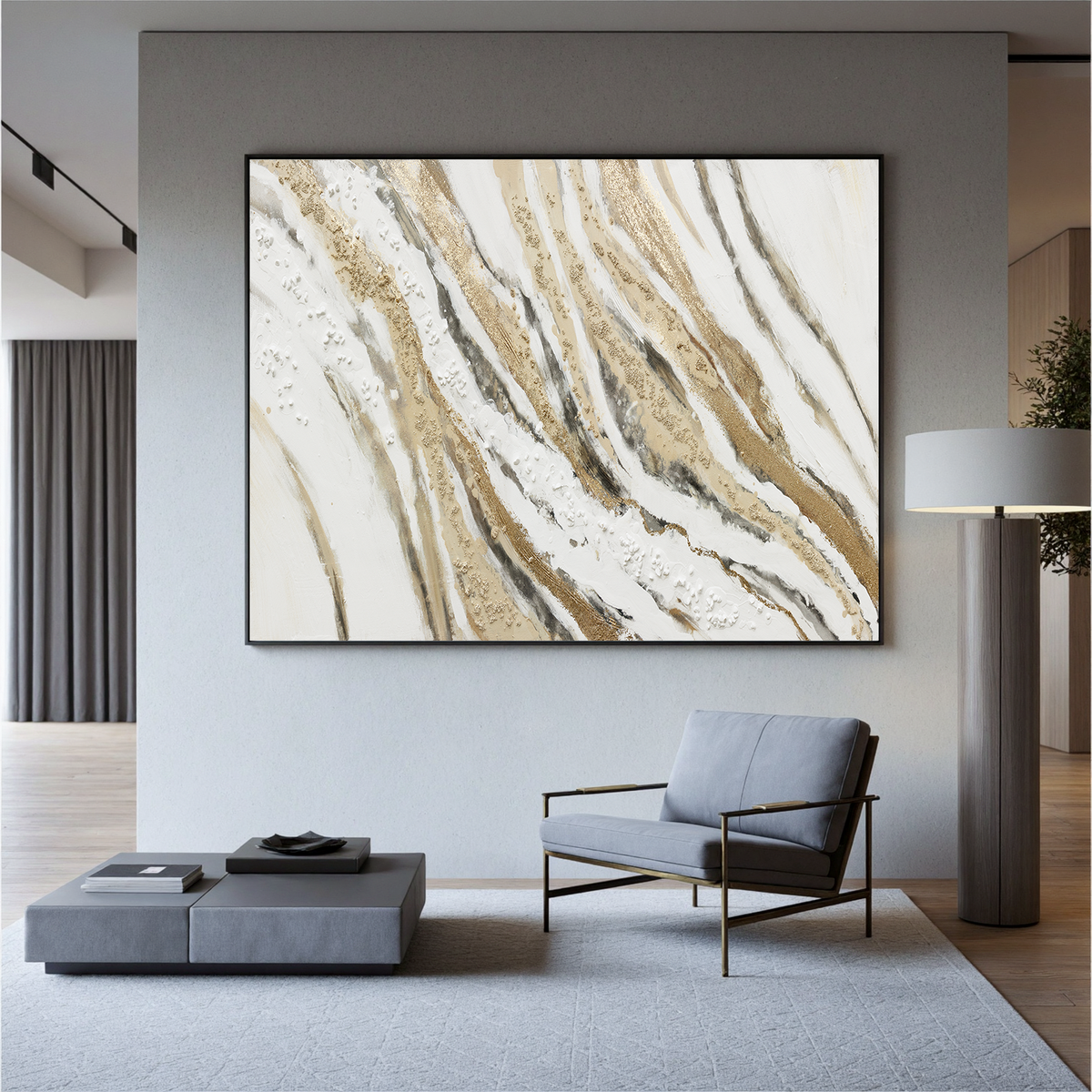 "Golden Echo" - Geometric Plaster Relief | Gold & Grey Geometric Art Statement Art