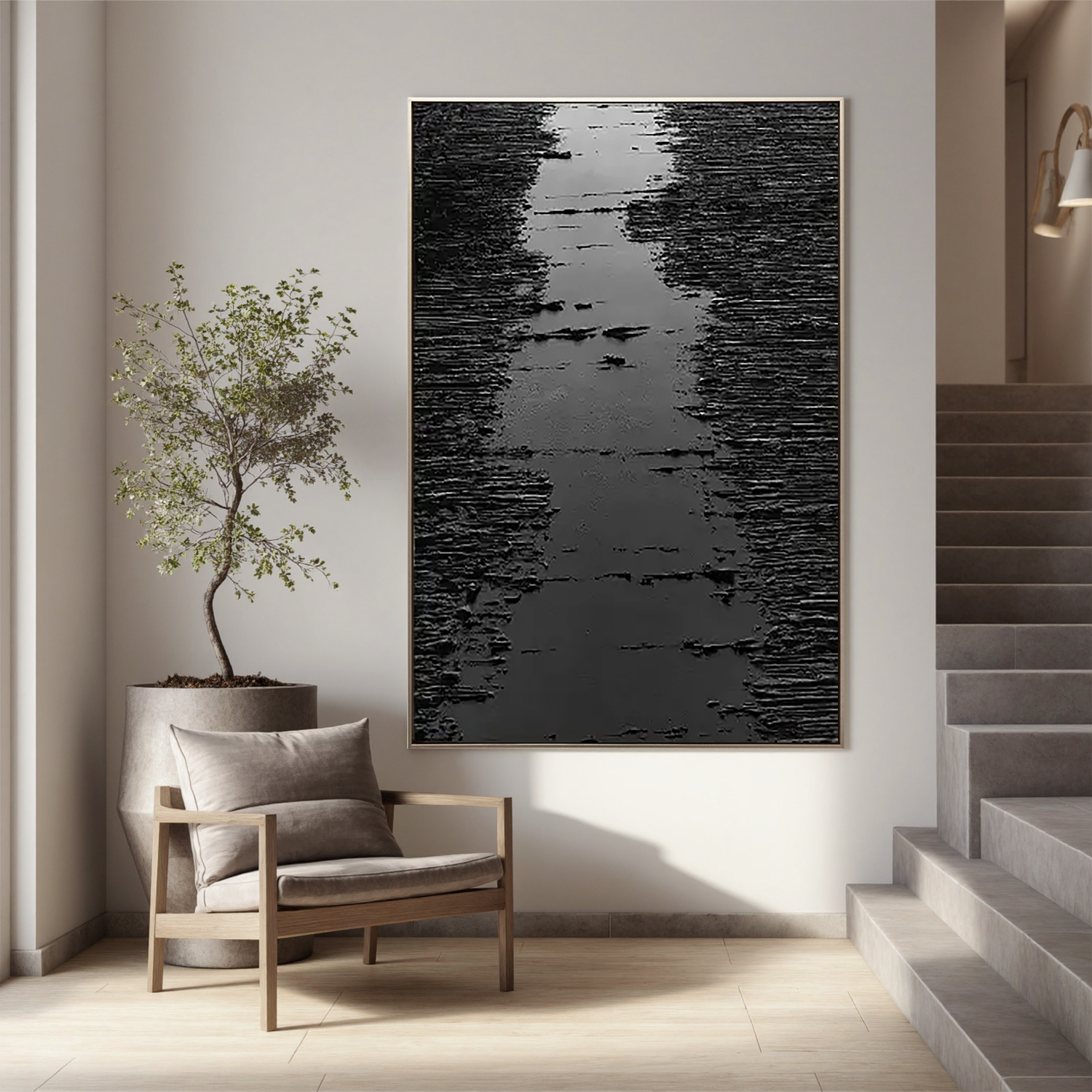"Abstract Form" - 3D Heavy Impasto Plaster Relief | Black Plaster Texture Statement Art