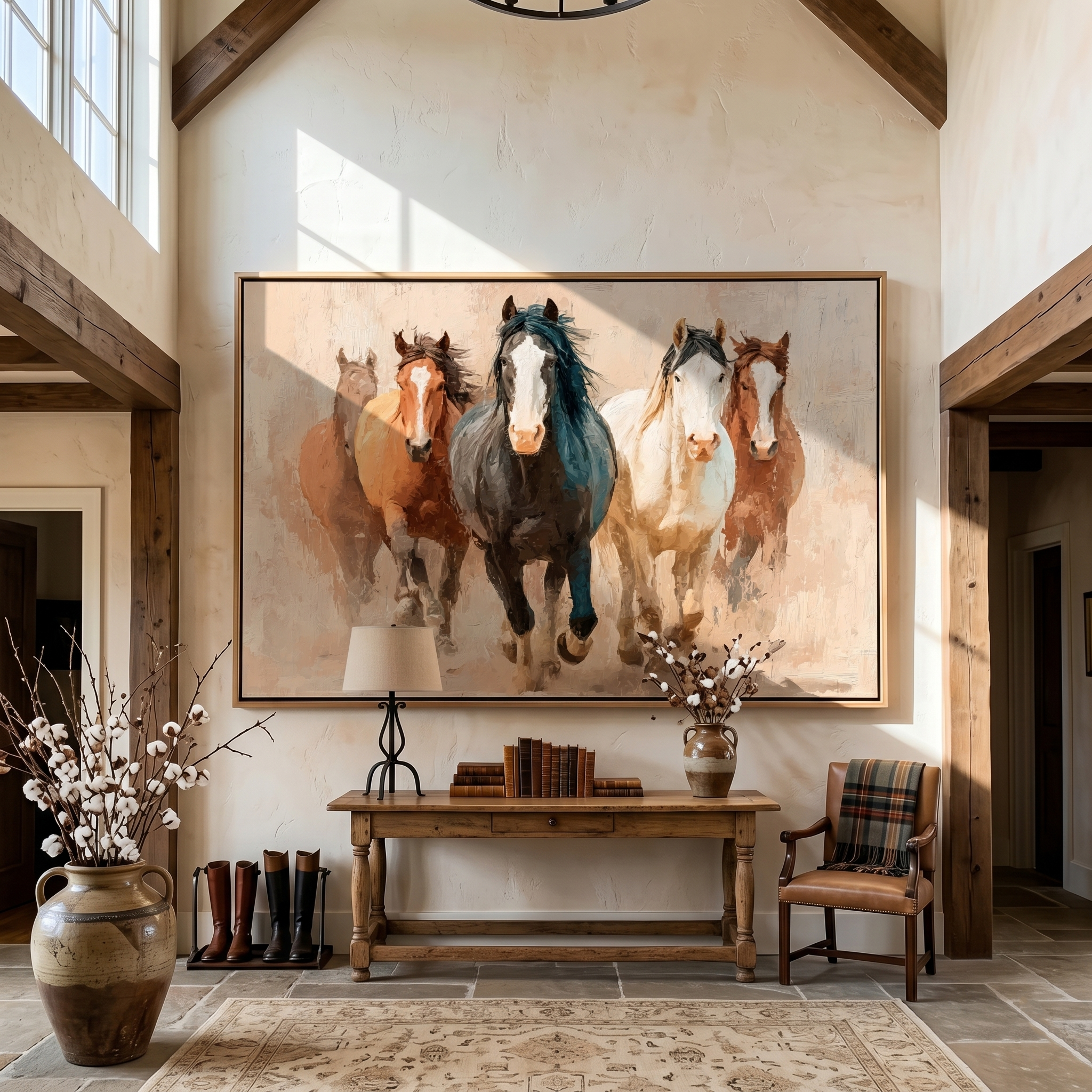 "Five Horses in Motion" – Tactile Wildlife Impressionist Art | Warm Browns & Soft Beige Impasto Wall Decor | Contemporary Horizontal Statement Piece#AN 003