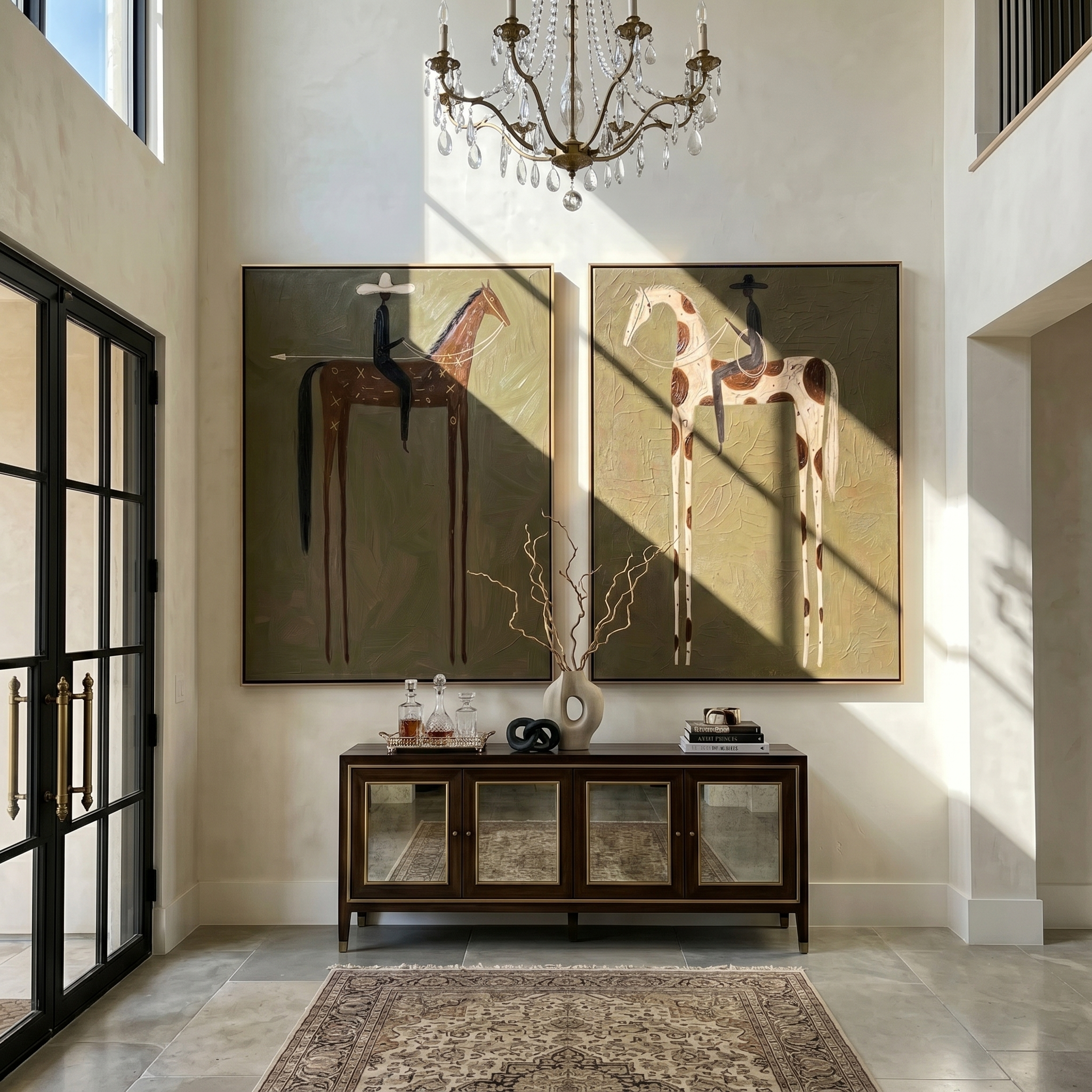 "Whispering Riders "— 3D Textured Abstract Horse & Rider Wall Art Set | Olive Green Western Framed Diptych#VA609