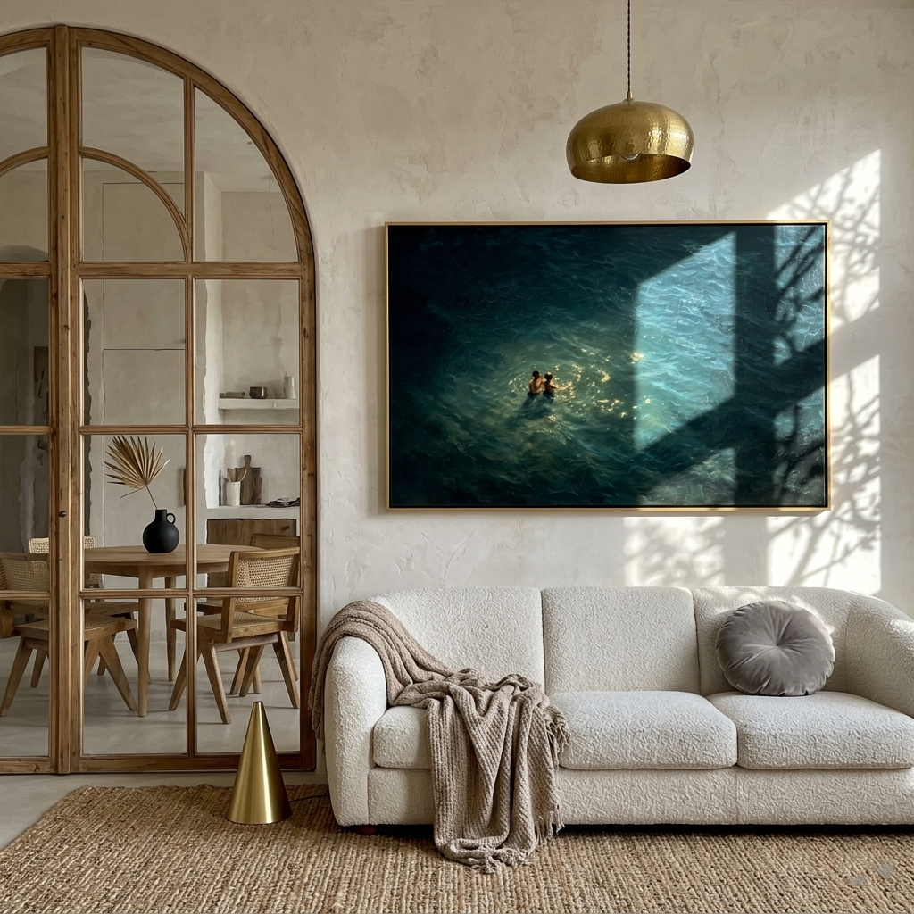 "Golden Light Swim" – Modern Heavy Impasto Figurative Art | 3D Teal & Sunlit Gold Palette Knife Painting | Luxury Horizontal Wall Art#LC 006