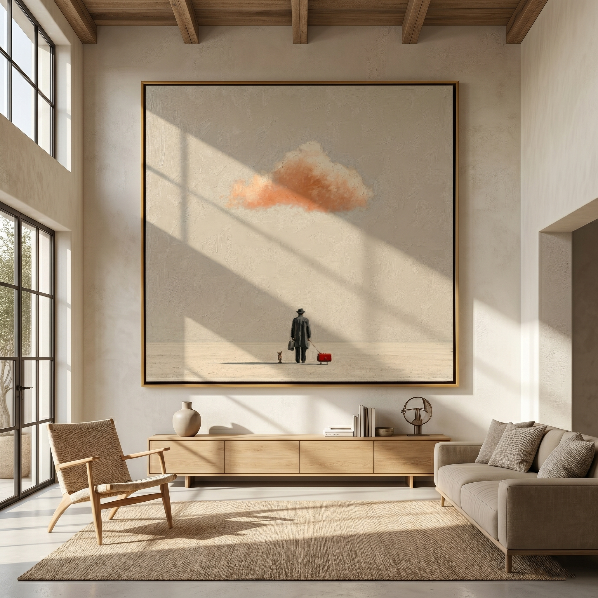 "Journey Under the Peach Cloud" – Modern Heavy Impasto Figurative Art | 3D Neutral & Warm Coral Palette Knife Painting | Luxury Square Wall Art#LC 005
