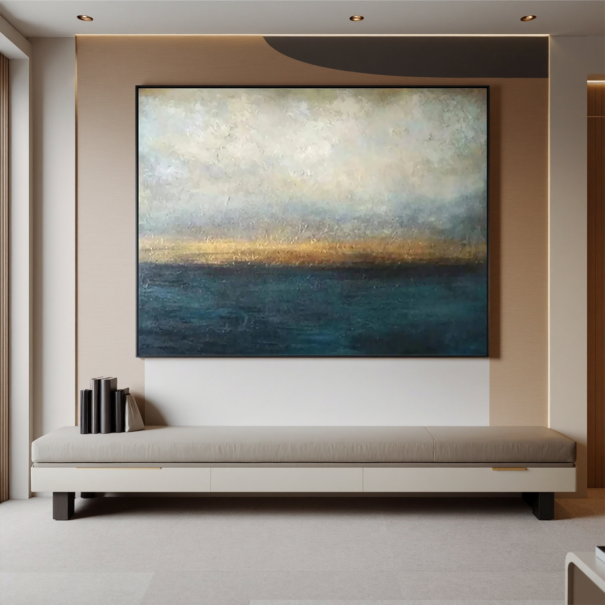 "Ember Tide" - Atmospheric Impasto Seascape | Deep Teal & Amber Moody Coastal Statement Art