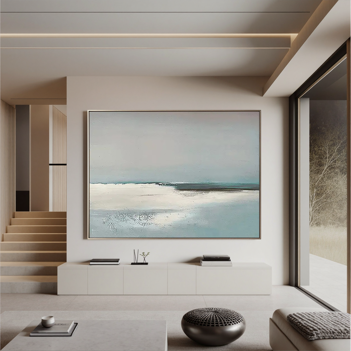 "Pale Horizon" - Minimalist Impasto Abstract Seascape | Soft Teal & Grey Statement Art
