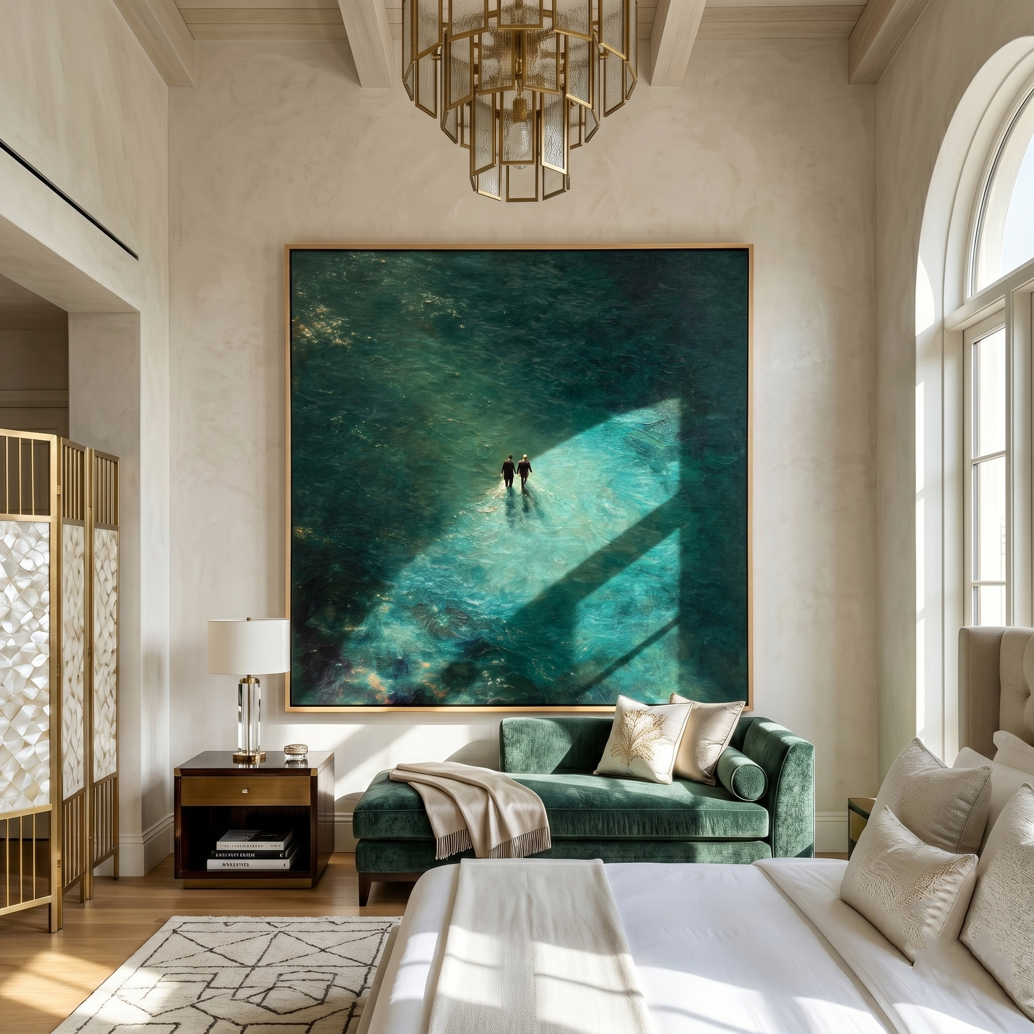 "Two Figures in the Deep" – Modern Heavy Impasto Figurative Abstract | 3D Teal & Gold Palette Knife Painting | Luxury Square Wall Art#LC 003