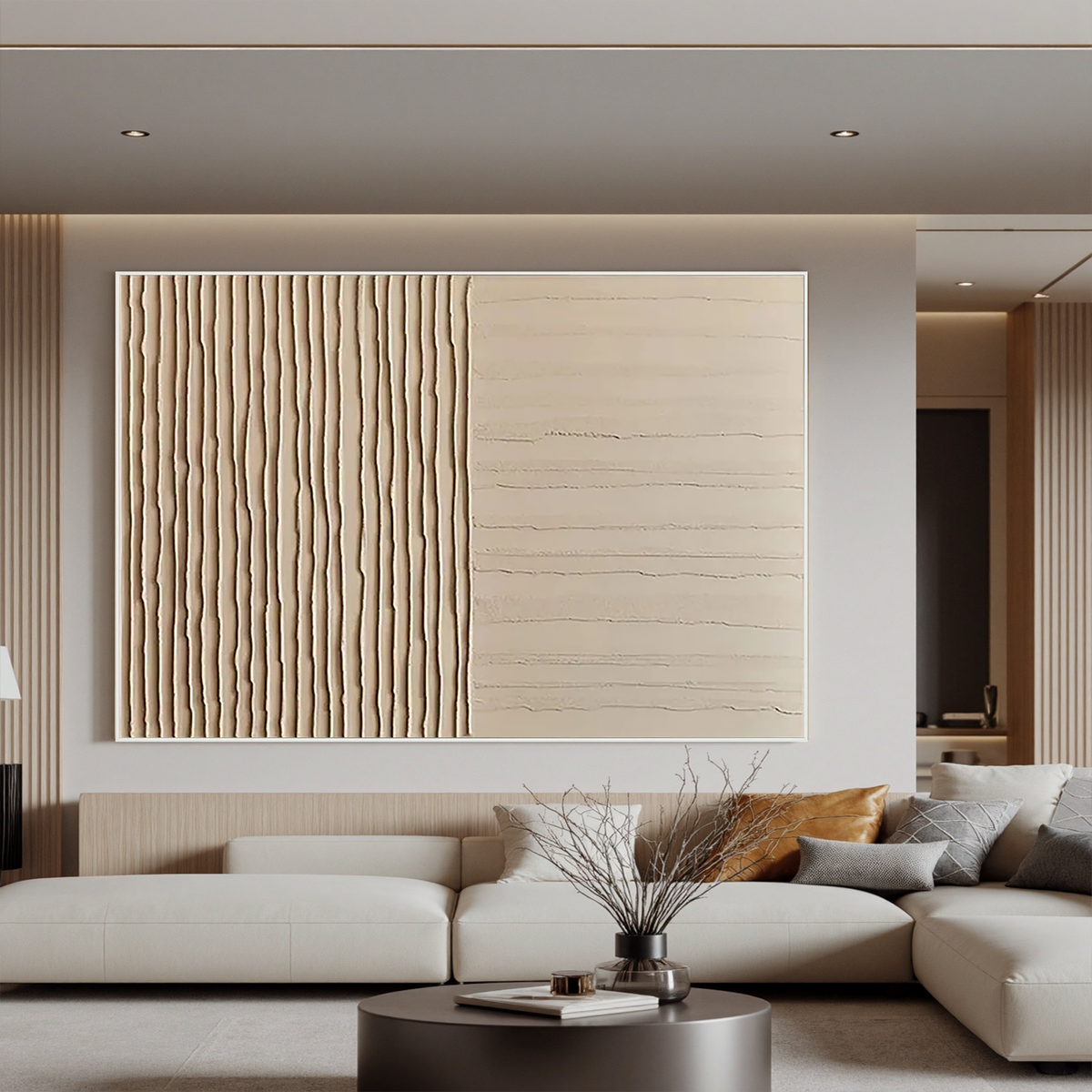 "Duality" - 3D Minimalist Dual-Texture Plaster Relief | Warm Beige Wabi-Sabi Statement Art