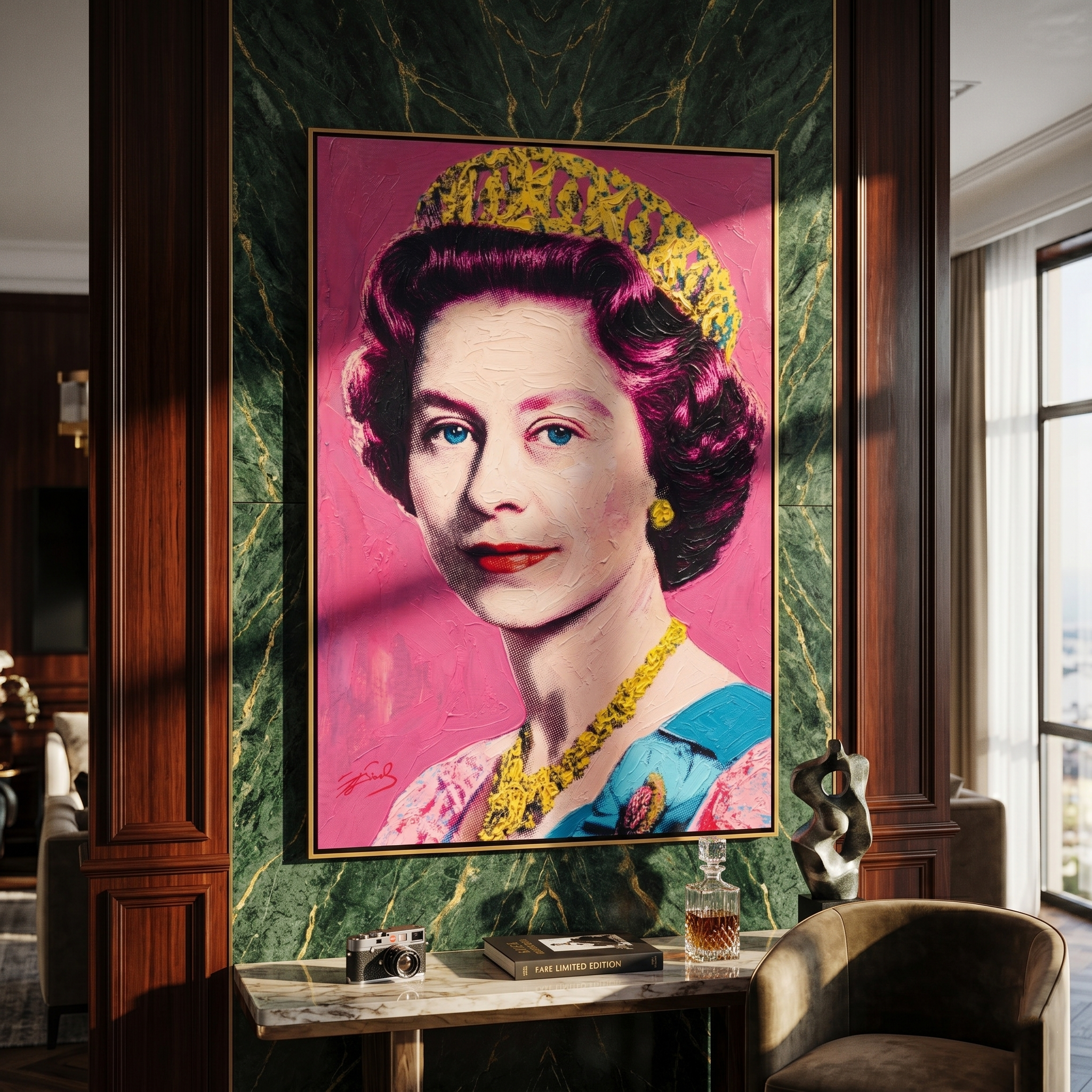 "Pop Art Royal Portrait" – Modern Heavy Impasto Figurative Art | 3D Hot Pink & Gold Palette Knife Painting | Luxury Vertical Wall Art#PE 006