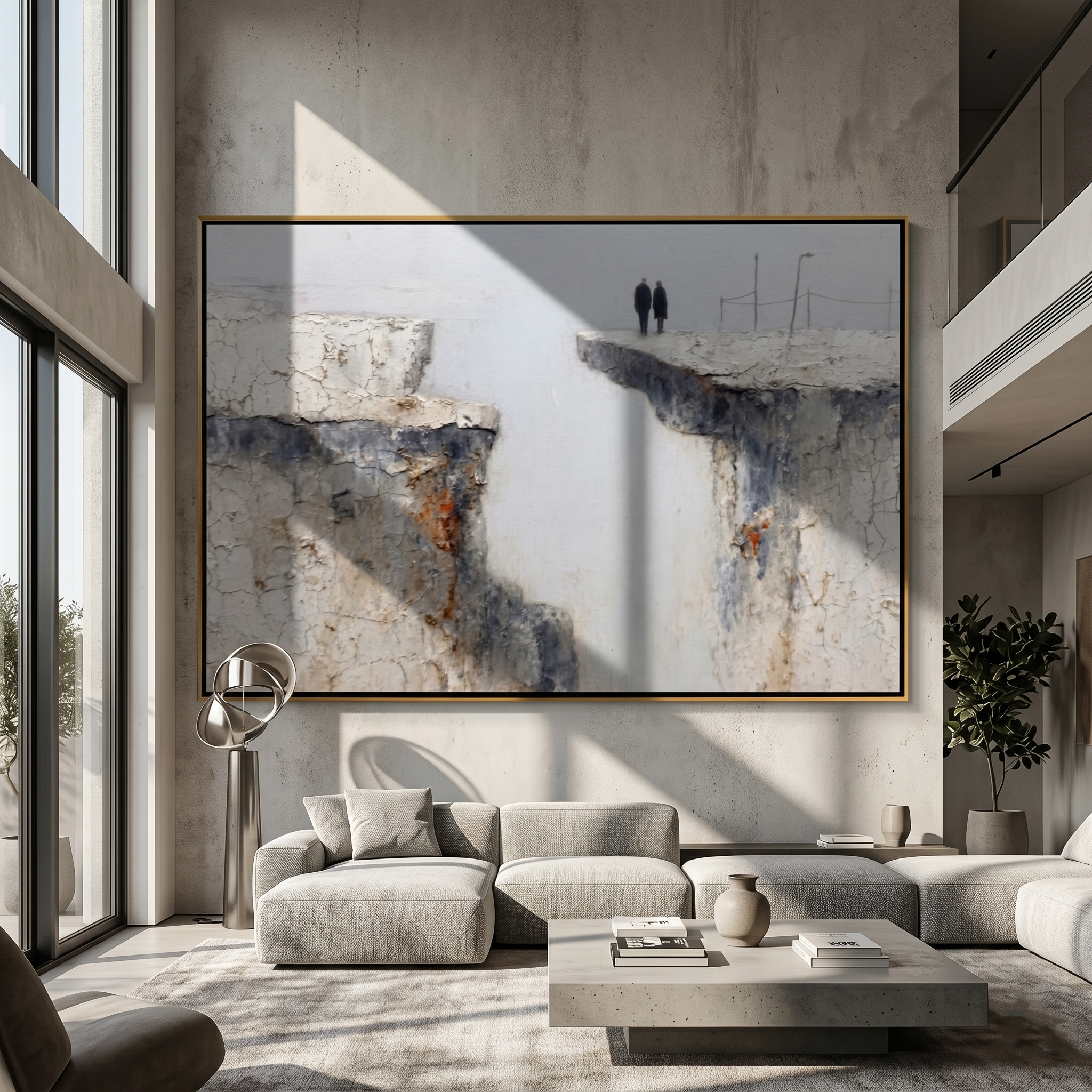 "Across the Divide" – Modern Heavy Impasto Figurative Art | 3D Neutral & Weathered Palette Knife Painting | Luxury Horizontal Wall Art#LC 007