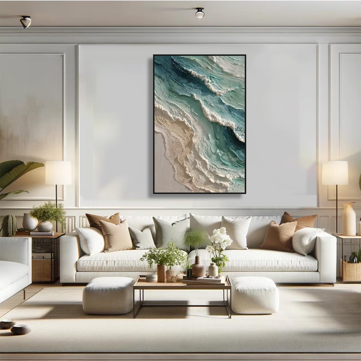 "Blue Green Coastal Wall" - Modern Heavy Impasto Coastal Landscape | Beige Palette Knife Painting | Luxury Vertical Wall Art #YK 1565