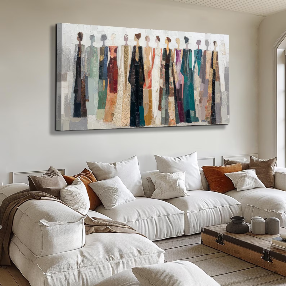 "Colorful Dressed Women Wall" - Modern Heavy Impasto Abstract Artwork | Beige Palette Knife Painting | Luxury Horizontal Wall Art #YK 1552