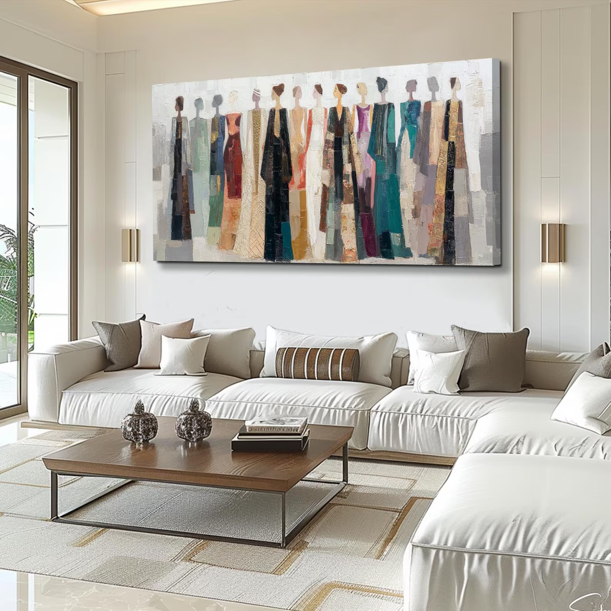 "Colorful Dressed Women Wall" - Modern Heavy Impasto Abstract Artwork | Beige Palette Knife Painting | Luxury Horizontal Wall Art #YK 1552