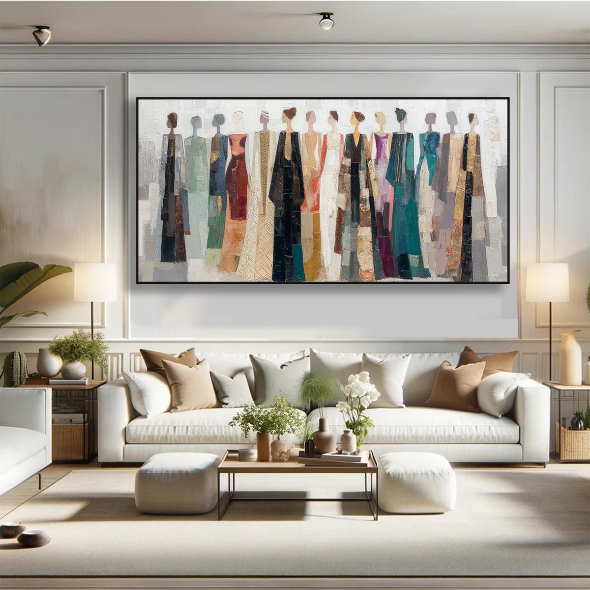 "Colorful Dressed Women Wall" - Modern Heavy Impasto Abstract Artwork | Beige Palette Knife Painting | Luxury Horizontal Wall Art #YK 1552