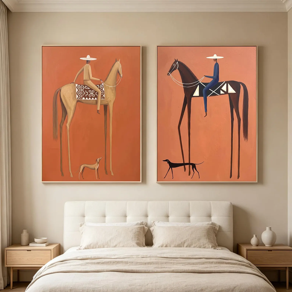 "Terracotta Tall Horse Rider Pair" - Modern Heavy Impasto Western Animal Artwork | Orange Palette Knife Painting | Luxury Two-Panel Vertical Wall Art #YK 1599