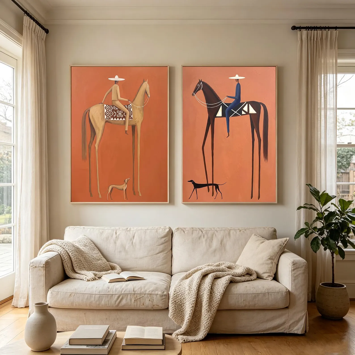 "Terracotta Tall Horse Rider Pair" - Modern Heavy Impasto Western Animal Artwork | Orange Palette Knife Painting | Luxury Two-Panel Vertical Wall Art #YK 1599