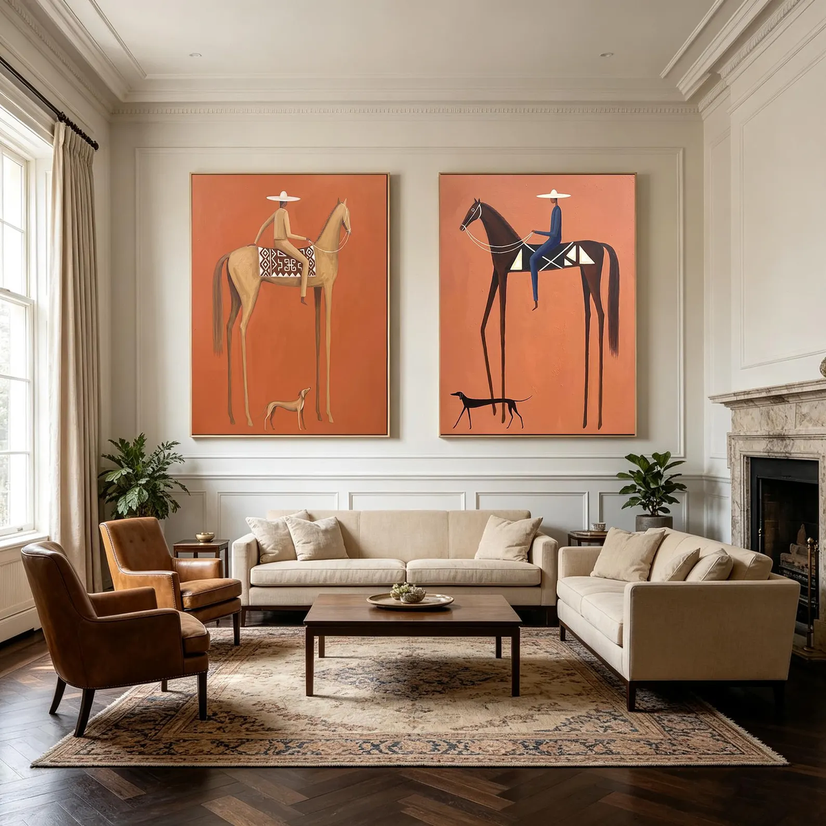 "Terracotta Tall Horse Rider Pair" - Modern Heavy Impasto Western Animal Artwork | Orange Palette Knife Painting | Luxury Two-Panel Vertical Wall Art #YK 1599