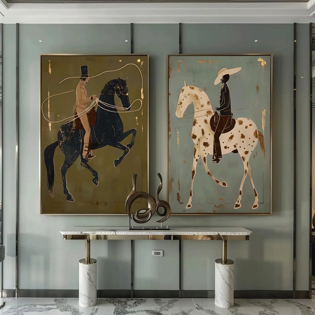 "Olive & Sage Green Horse Rider Pair" - Modern Heavy Impasto Western Animal Artwork | Golden Palette Knife Painting | Luxury Two-Panel Vertical Wall Art #YK 1596