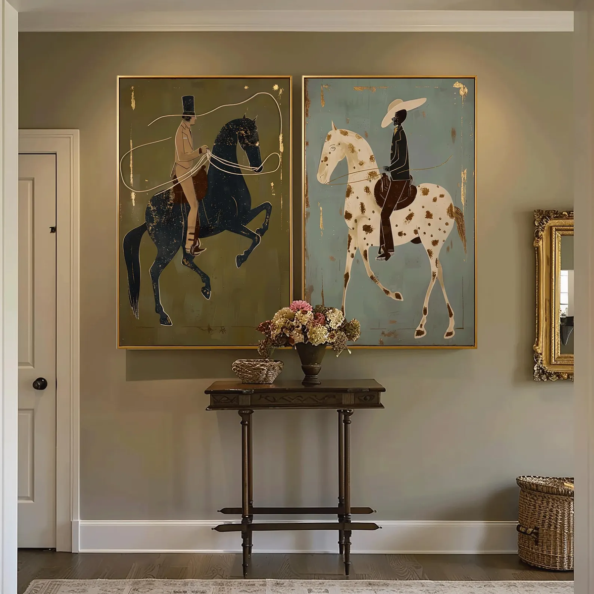 "Olive & Sage Green Horse Rider Pair" - Modern Heavy Impasto Western Animal Artwork | Golden Palette Knife Painting | Luxury Two-Panel Vertical Wall Art #YK 1596