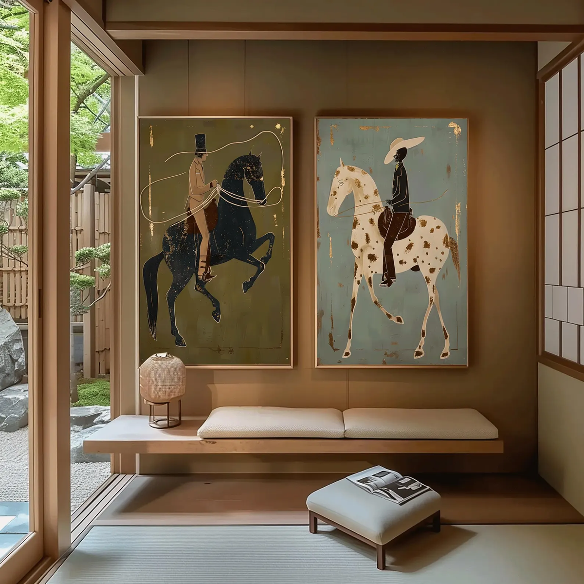 "Olive & Sage Green Horse Rider Pair" - Modern Heavy Impasto Western Animal Artwork | Golden Palette Knife Painting | Luxury Two-Panel Vertical Wall Art #YK 1596