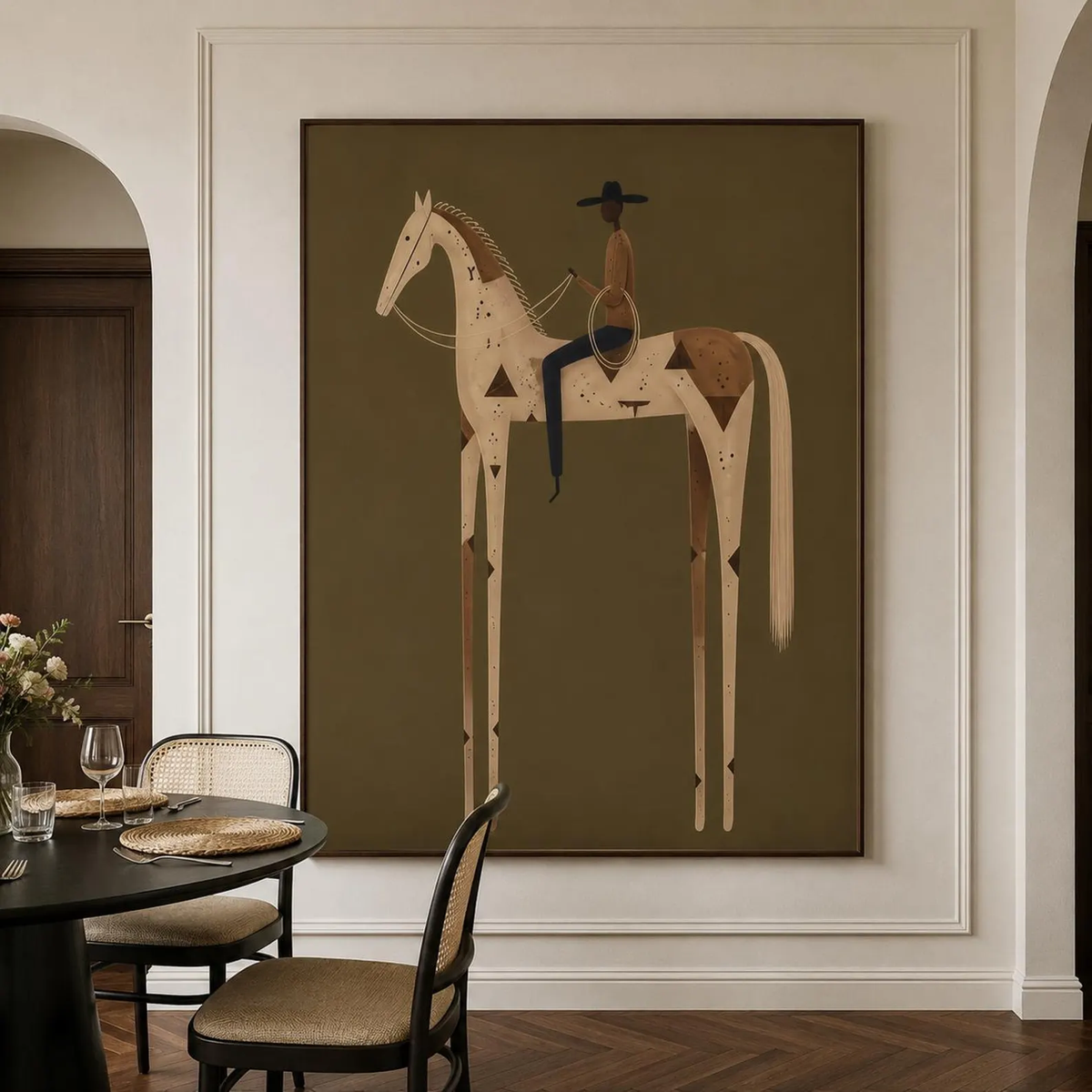 "Olive Green Stylized Horse Rider" - Modern Heavy Impasto Western Animal Artwork | Golden Palette Knife Painting | Luxury Vertical Wall Art #YK 1598