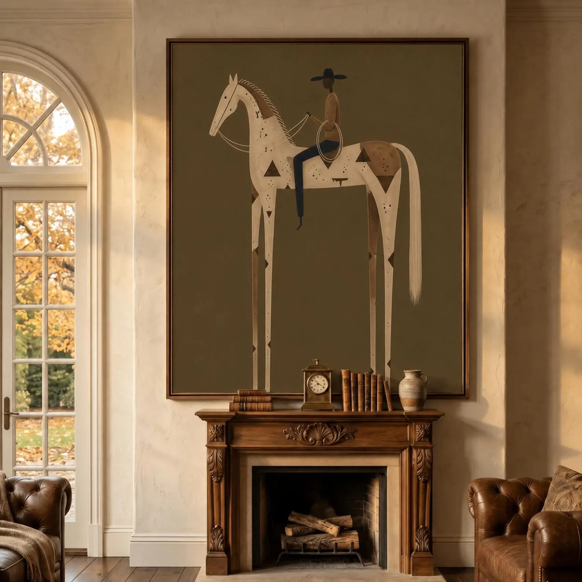 "Olive Green Stylized Horse Rider" - Modern Heavy Impasto Western Animal Artwork | Golden Palette Knife Painting | Luxury Vertical Wall Art #YK 1598
