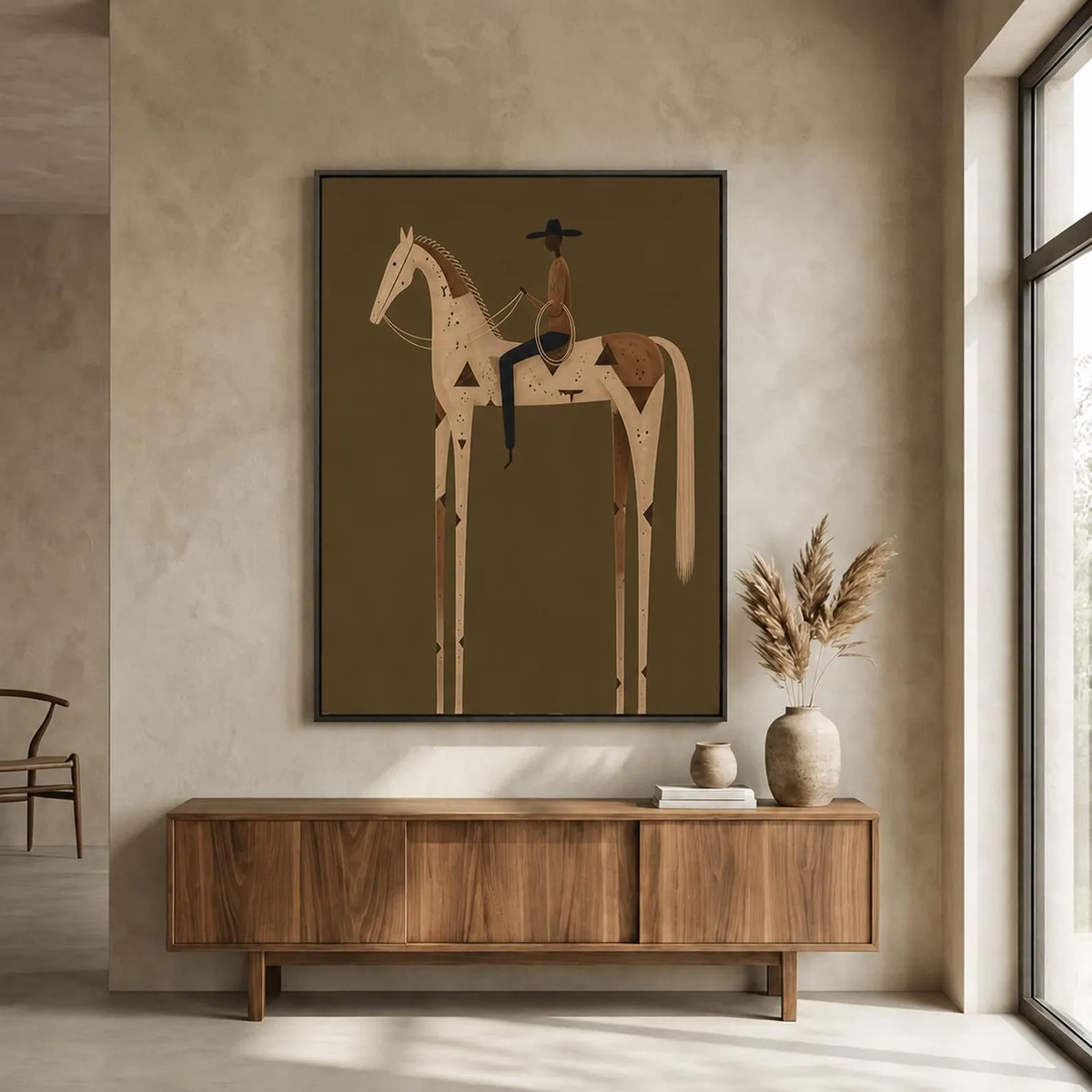 "Olive Green Stylized Horse Rider" - Modern Heavy Impasto Western Animal Artwork | Golden Palette Knife Painting | Luxury Vertical Wall Art #YK 1598