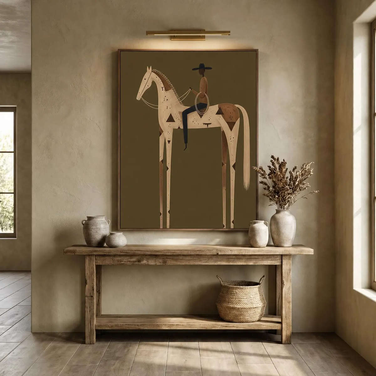 "Olive Green Stylized Horse Rider" - Modern Heavy Impasto Western Animal Artwork | Golden Palette Knife Painting | Luxury Vertical Wall Art #YK 1598
