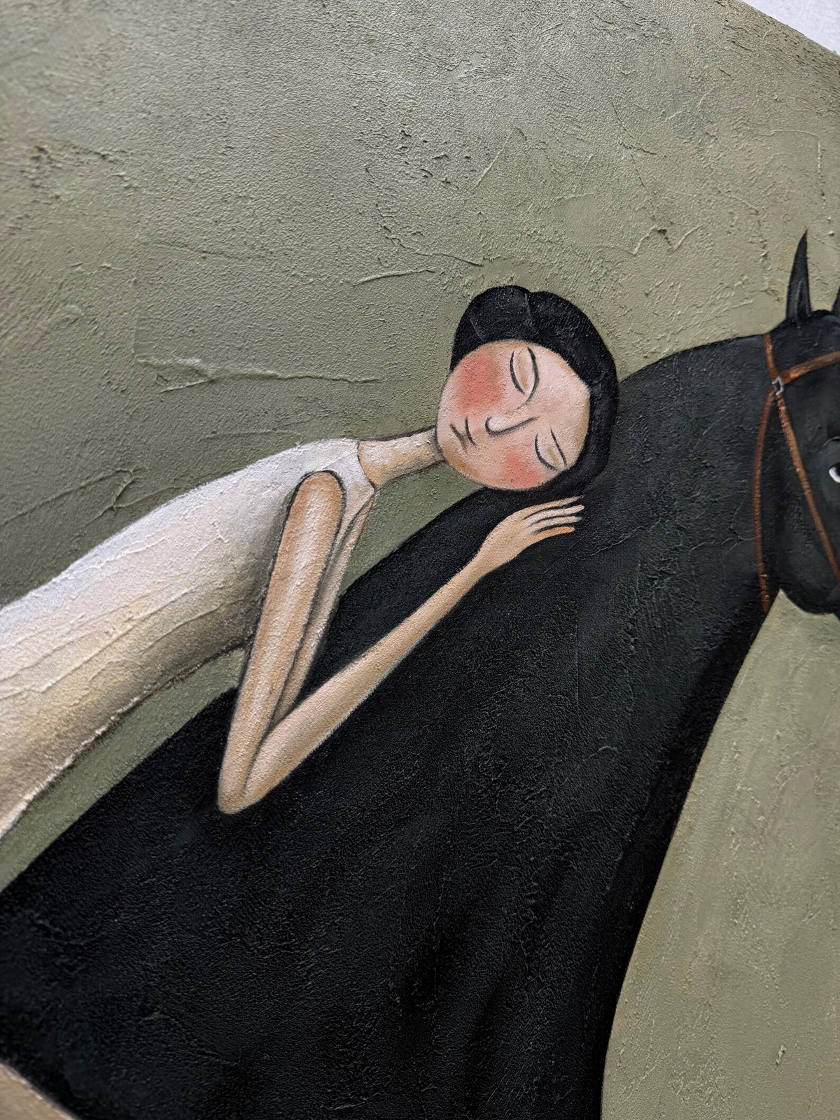 "Abstract Minimalist Horse Hug Figure" - Modern Heavy Impasto Western Animal Artwork | Black & Green Palette Knife Painting | Luxury Horizontal Wall Art #YK 1595