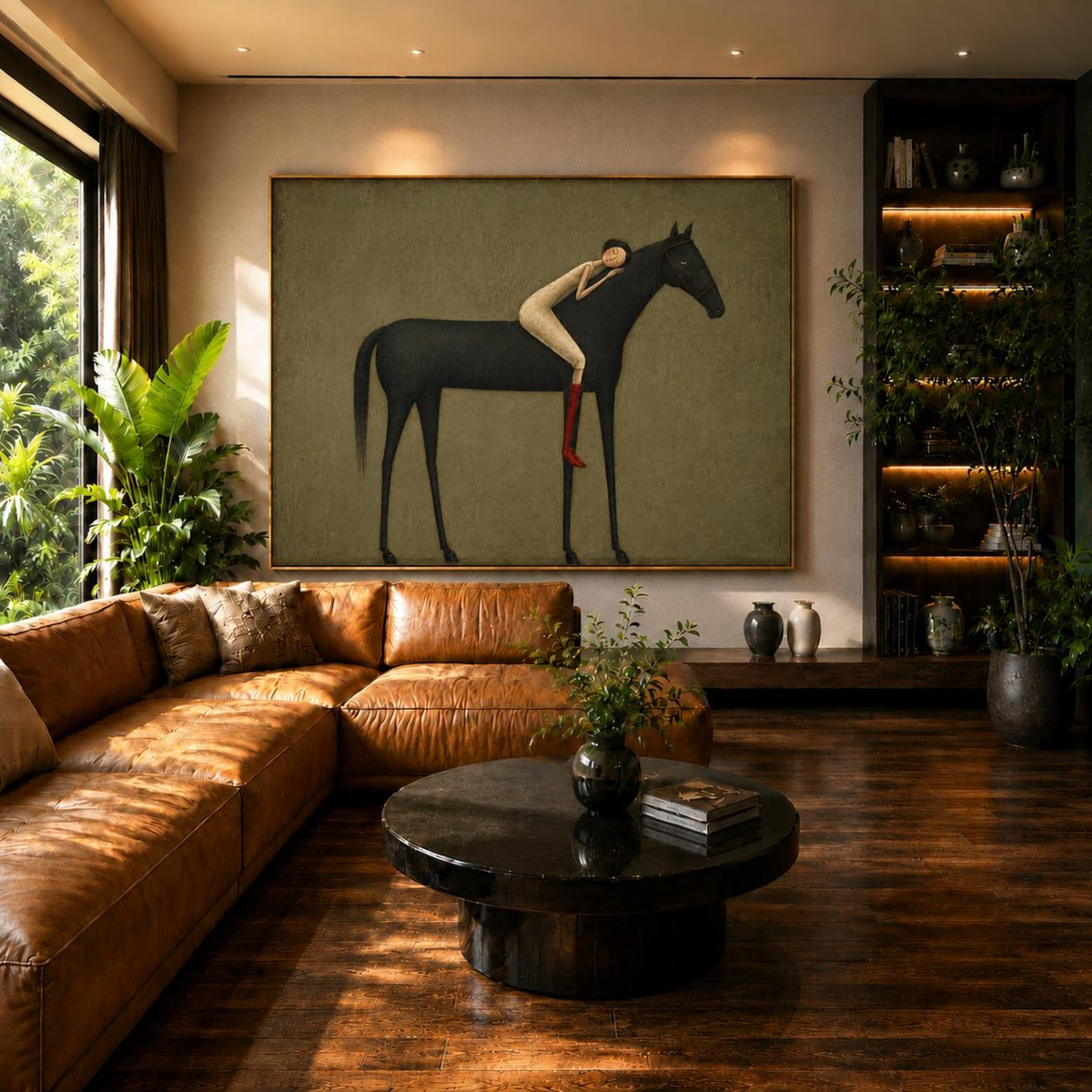 "Abstract Minimalist Horse Hug Figure" - Modern Heavy Impasto Western Animal Artwork | Black & Green Palette Knife Painting | Luxury Horizontal Wall Art #YK 1595