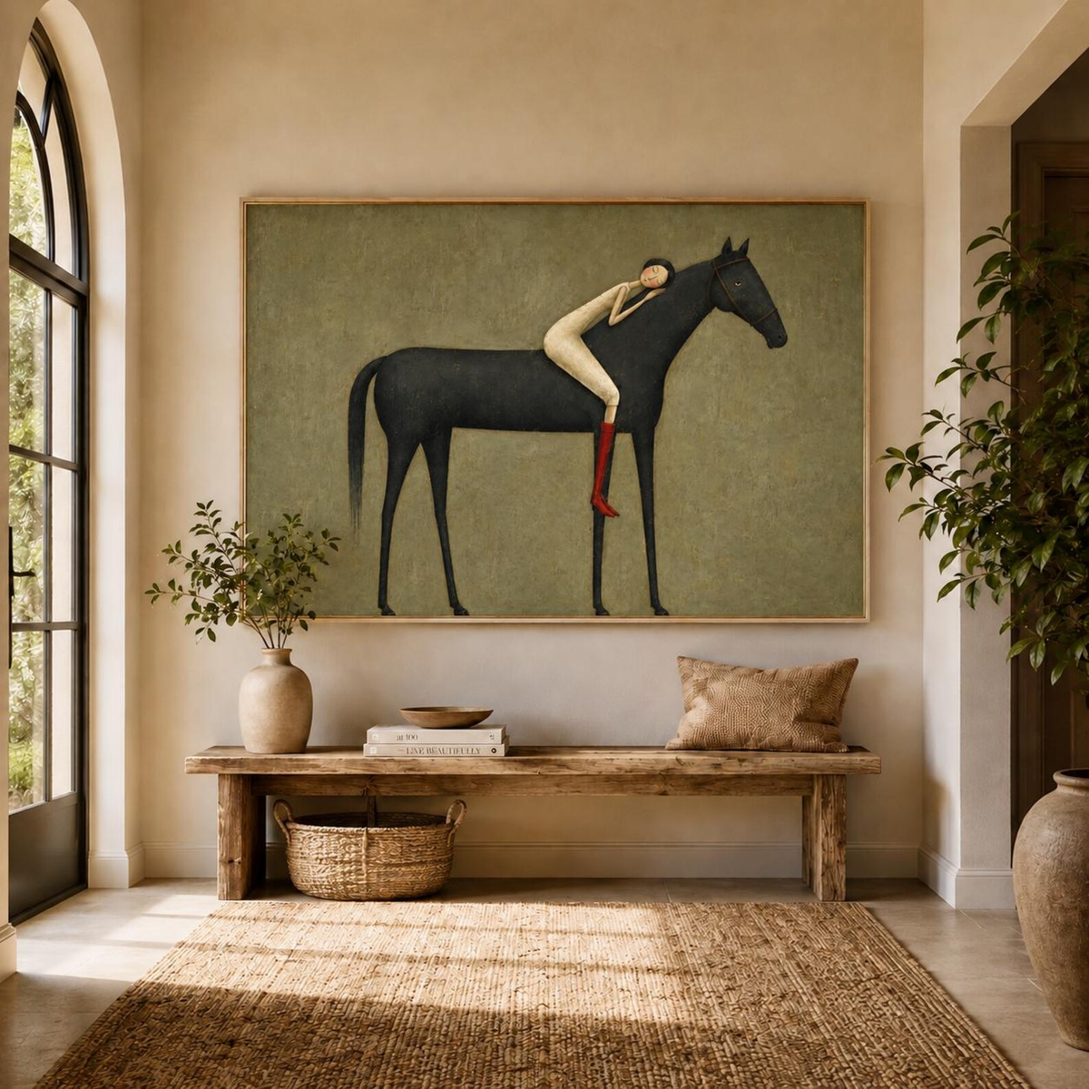 "Abstract Minimalist Horse Hug Figure" - Modern Heavy Impasto Western Animal Artwork | Black & Green Palette Knife Painting | Luxury Horizontal Wall Art #YK 1595