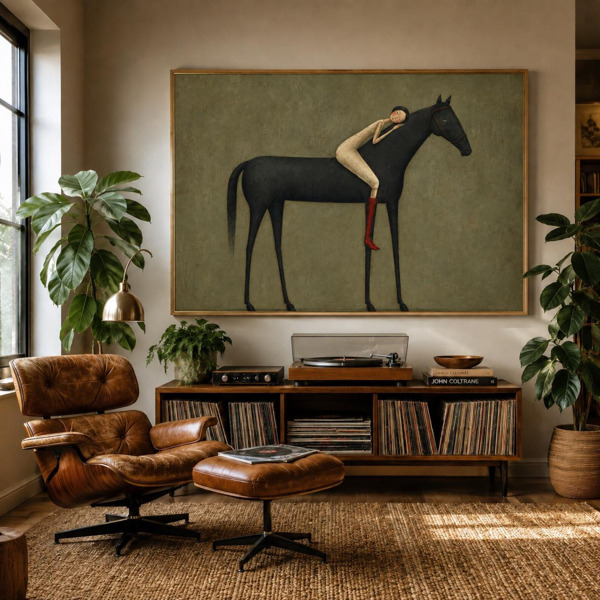 "Abstract Minimalist Horse Hug Figure" - Modern Heavy Impasto Western Animal Artwork | Black & Green Palette Knife Painting | Luxury Horizontal Wall Art #YK 1595