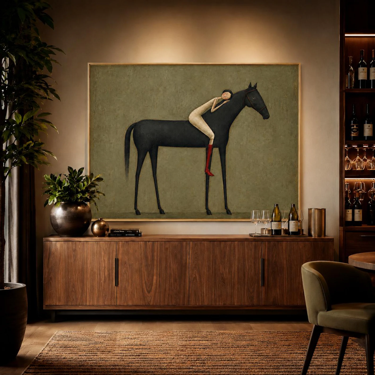 "Abstract Minimalist Horse Hug Figure" - Modern Heavy Impasto Western Animal Artwork | Black & Green Palette Knife Painting | Luxury Horizontal Wall Art #YK 1595