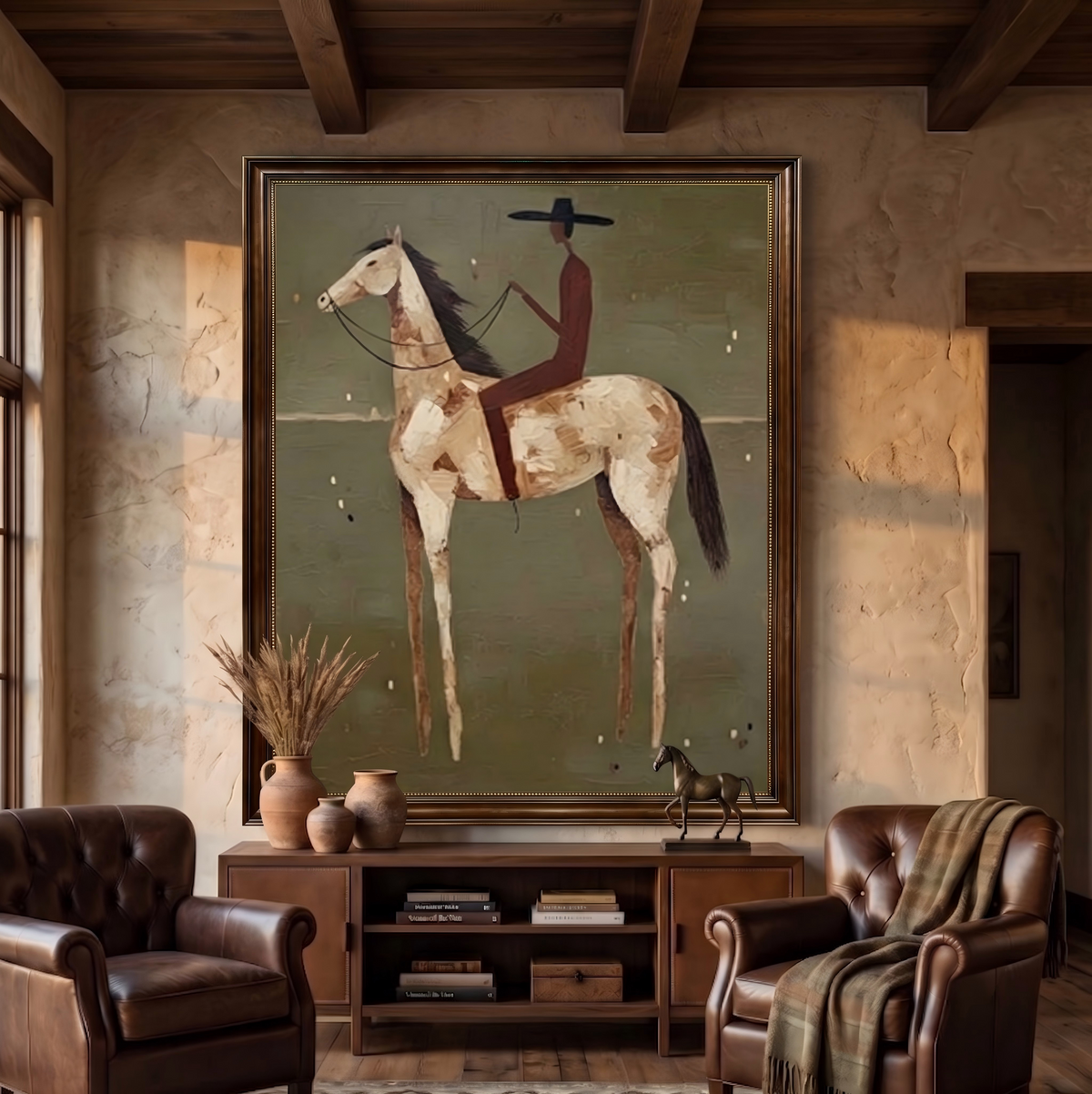 "Olive Solitude" - Modern Heavy Impasto Western Animal Artwork | Golden Palette Knife Painting | Luxury Vertical Wall Art #YK 1593