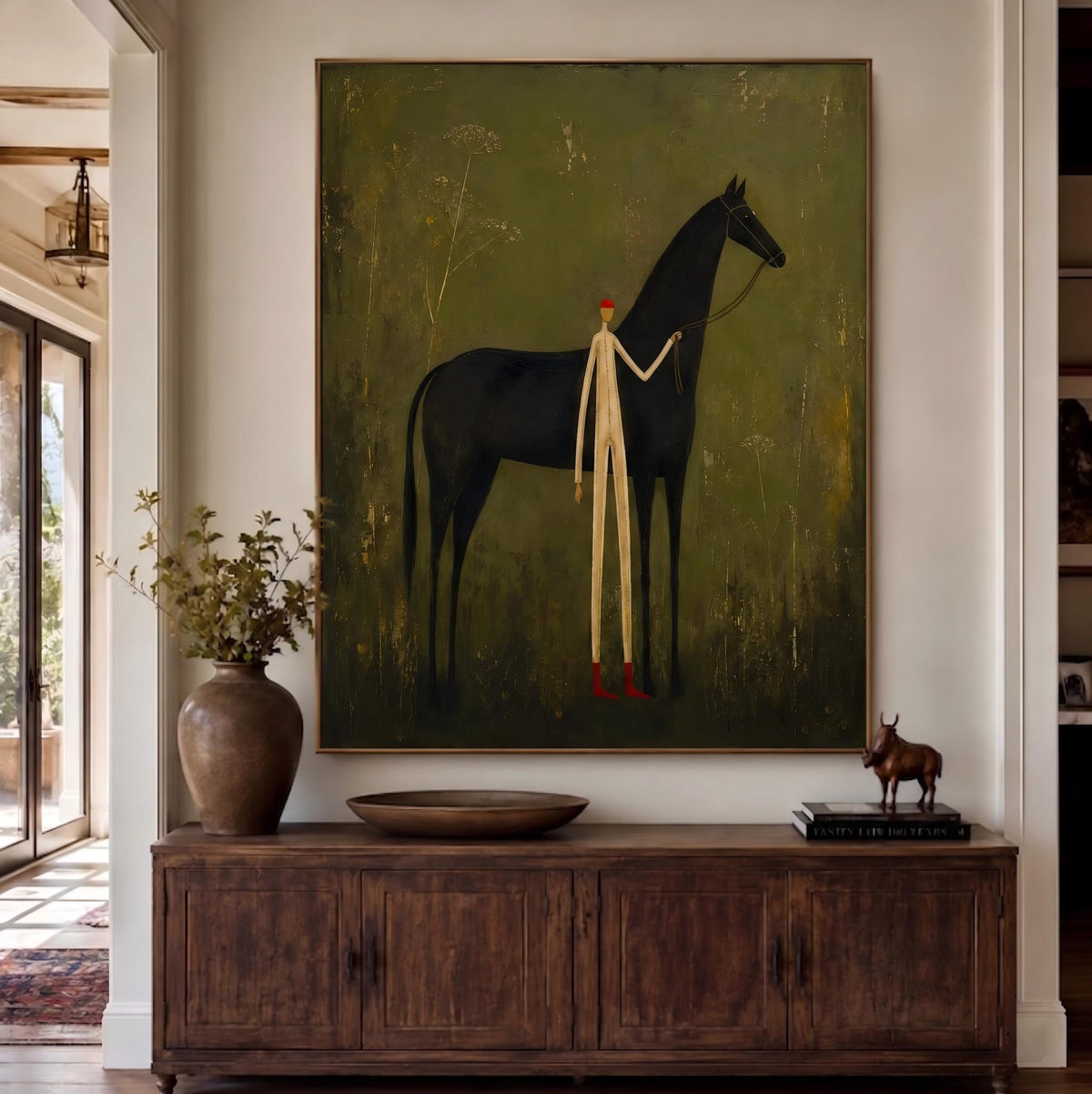 "Faceless man leading horse" - Modern Heavy Impasto Western Animal Artwork | Green Palette Knife Painting | Luxury Vertical Wall Art #YK 1567